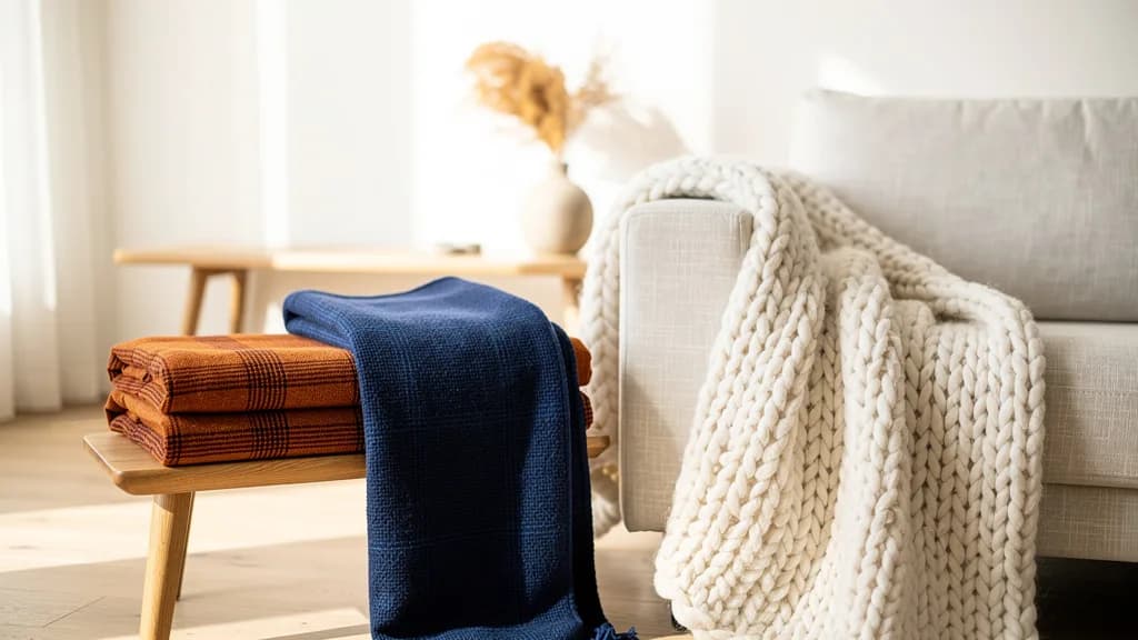 Cremeweiße Grobstrickdecke über einer hellen Leinencouch, daneben ein gefaltetes rostorangefarbenes Plaid und eine dunkelblaue Decke auf einer Eichenbank