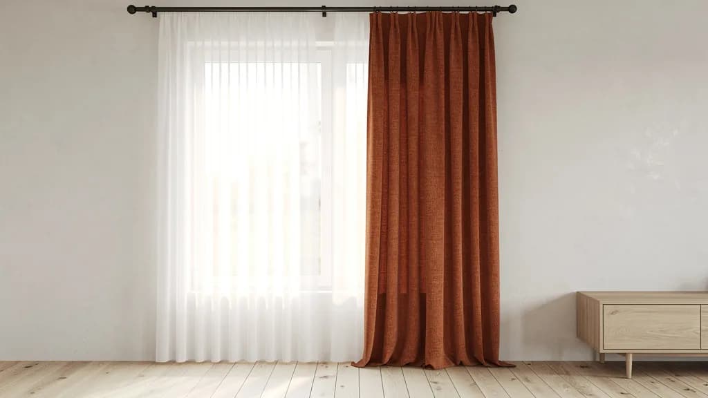 Wohnzimmerfenster mit zwei Lagen: weißer transparenter Store am Glas, davor ein bodenlanger Vorhang in Rostrot mit Leinenstruktur an einer mattschwarzen Gardinenstange