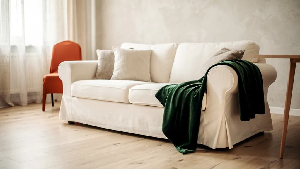 Helles Wohnzimmer mit weiß bezogenem Sofa, dunkelgrünem Samtplaid über der Armlehne und einem rostorange bezogenen Stuhl im Hintergrund
