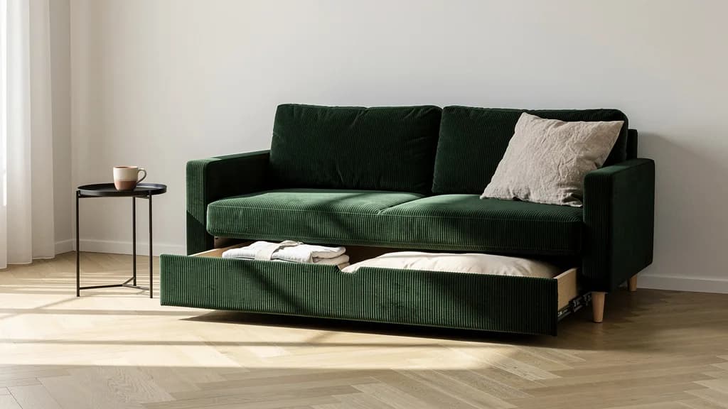 Dunkelgrünes Cord-Schlafsofa mit geöffnetem Bettkasten auf hellem Fischgrätparkett.