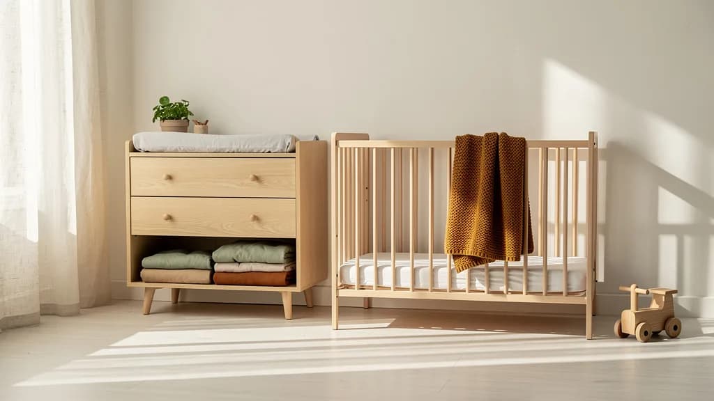 Babyzimmer mit heller Eichen-Wickelkommode und Gitterbett, senfgelbe Strickdecke und salbeigrüne Textilien als einzige Farbakzente.