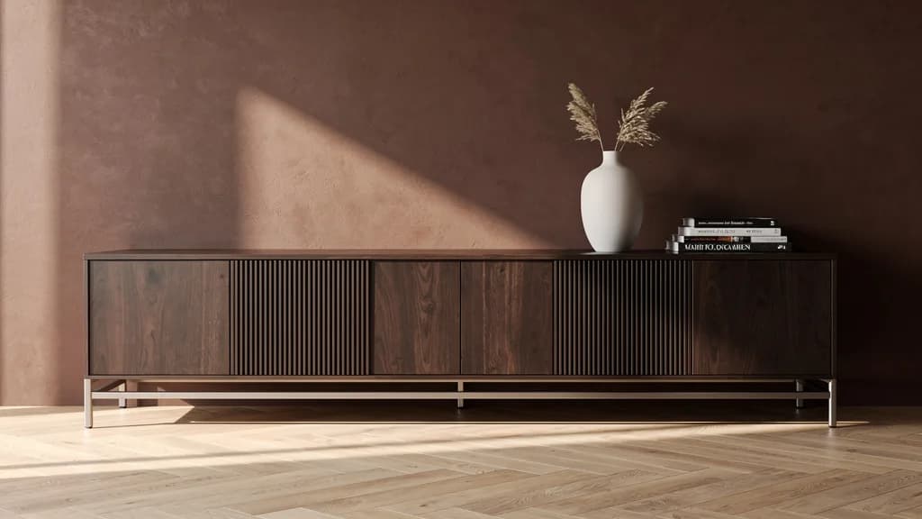 Langes Sideboard aus dunklem Nussbaum mit Rillenfront und schmalem Metallgestell vor brauner Wand