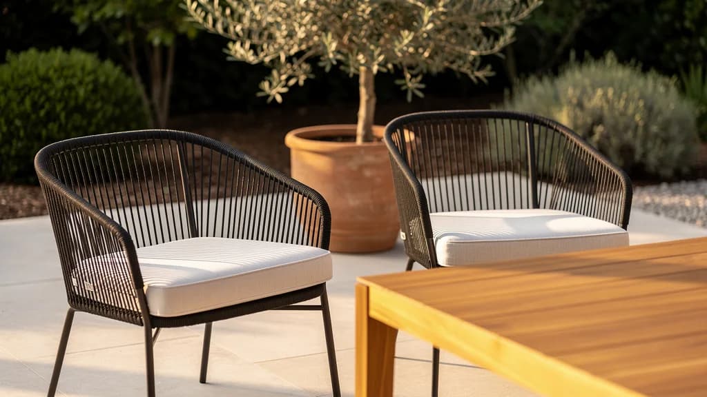 Sonnige Gartenterrasse mit zwei modernen Gartenstühlen aus schwarzem Seilgeflecht auf schlanken Aluminiumgestellen und cremeweißen Sitzkissen
