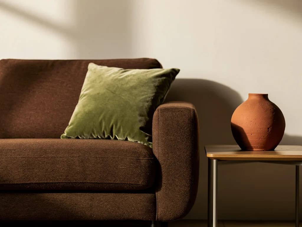 Nahaufnahme eines braunen Sofas mit grünem Samtkissen und Terrakotta-Vase vor cremeweißer Wand.