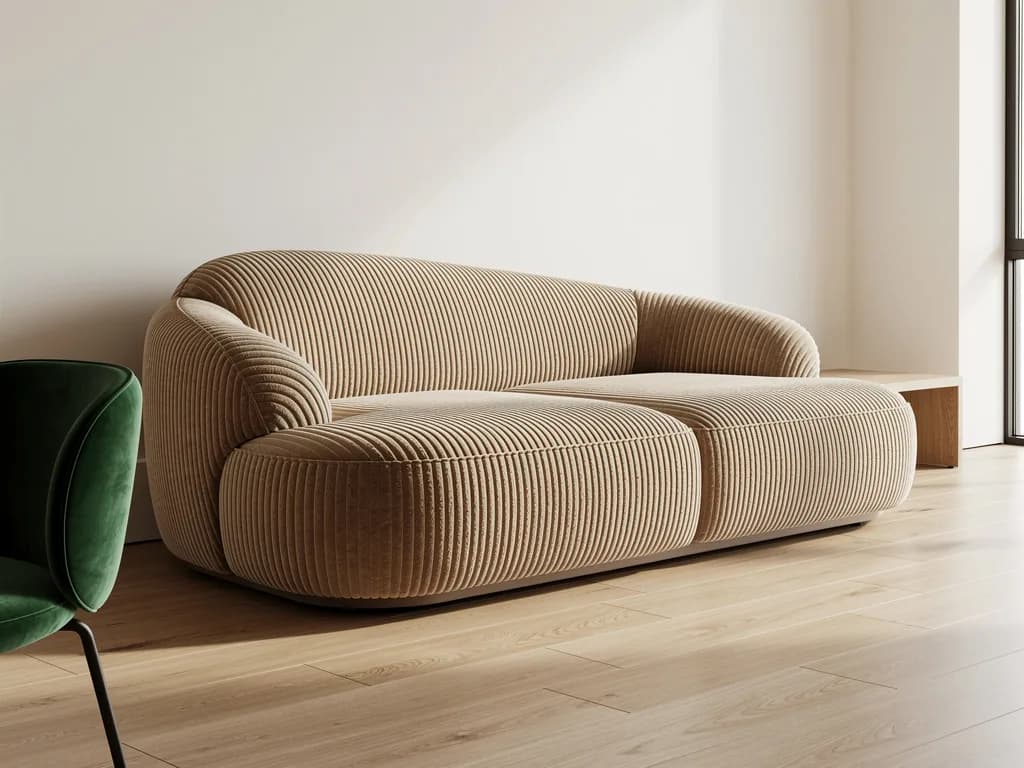 Geschwungenes Sofa in beigem Cord mit runden Armlehnen und grünem Velours-Sessel auf hellem Eichenboden.