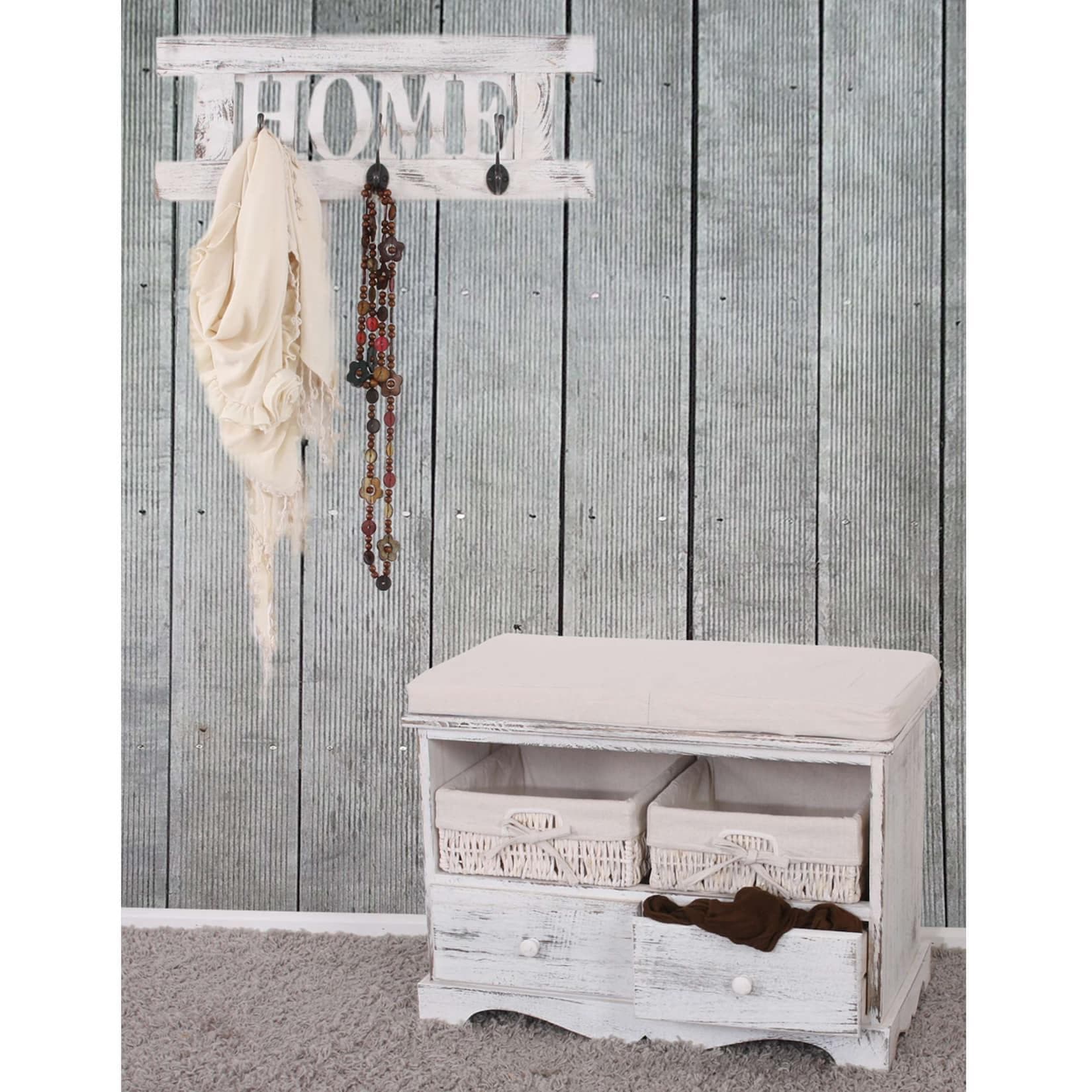 MCW Garderobe mit Sitzbank Kommode 2 Körbe Shabby-Look Vintage Weiß
