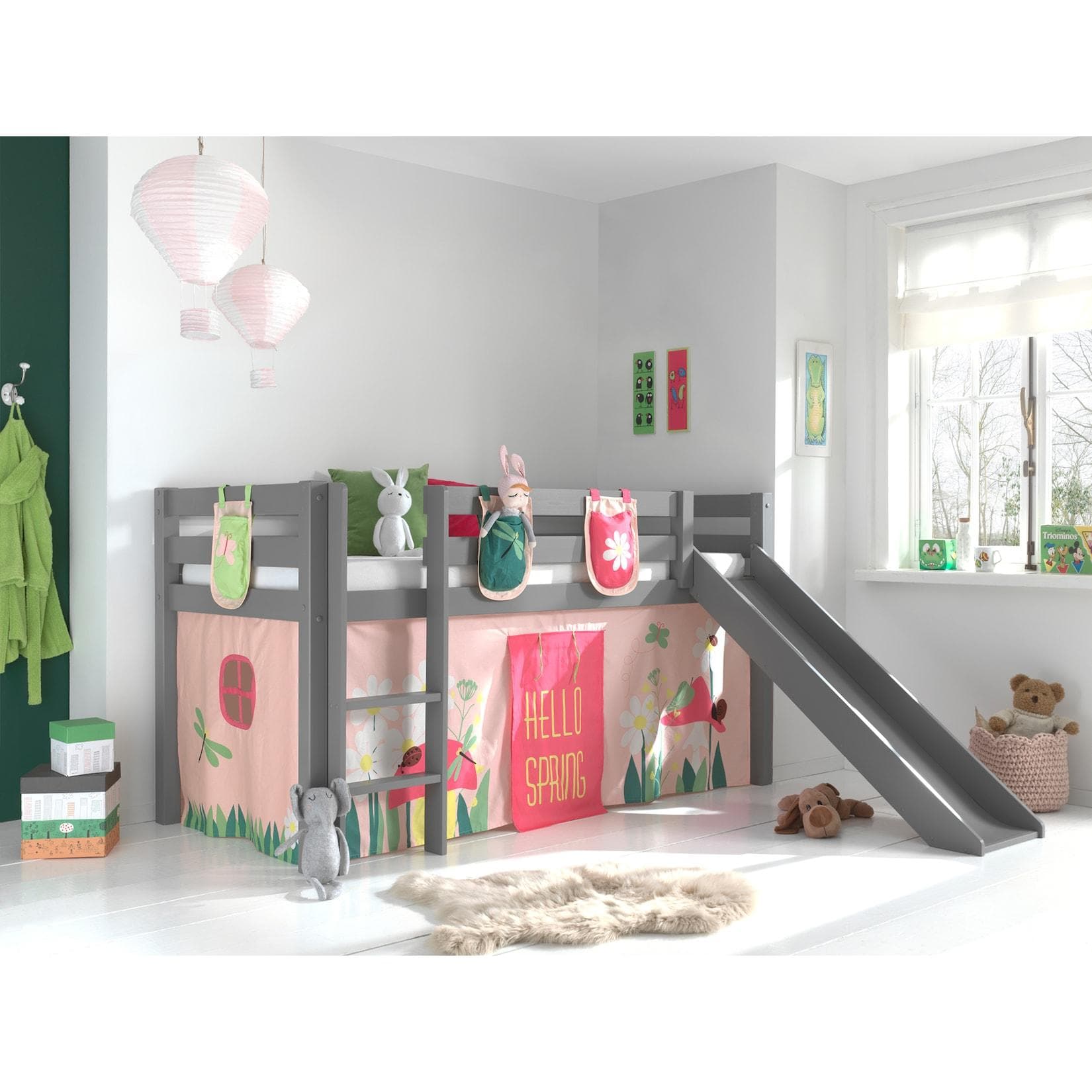 Vipack Spielbett Pino Grau mit Rutsche & Textilset