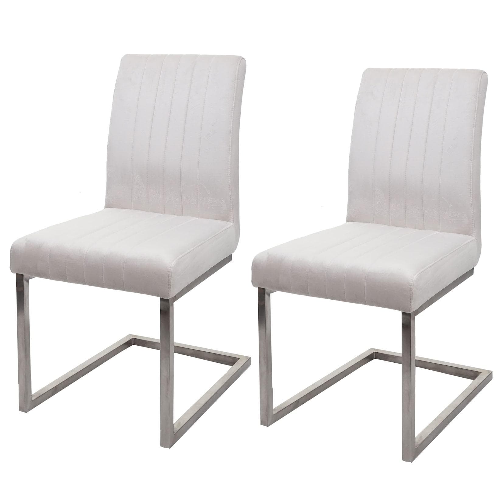 2er-Set Freischwinger MCW-L14 Samt Stuhl Creme-Weiß Edelstahl Gebürstet
