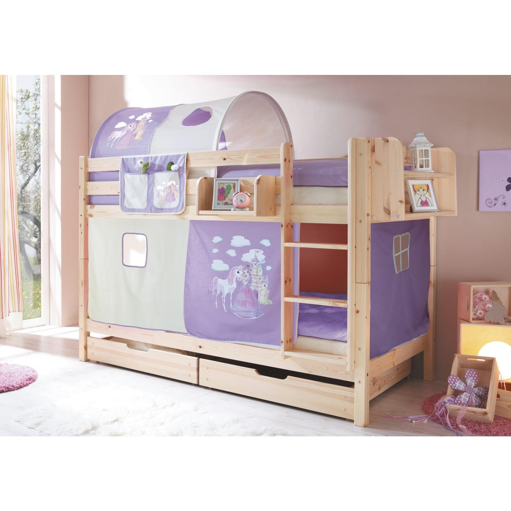 TiCAA Etagenbett Marcel Kiefer Natur mit Vorhang