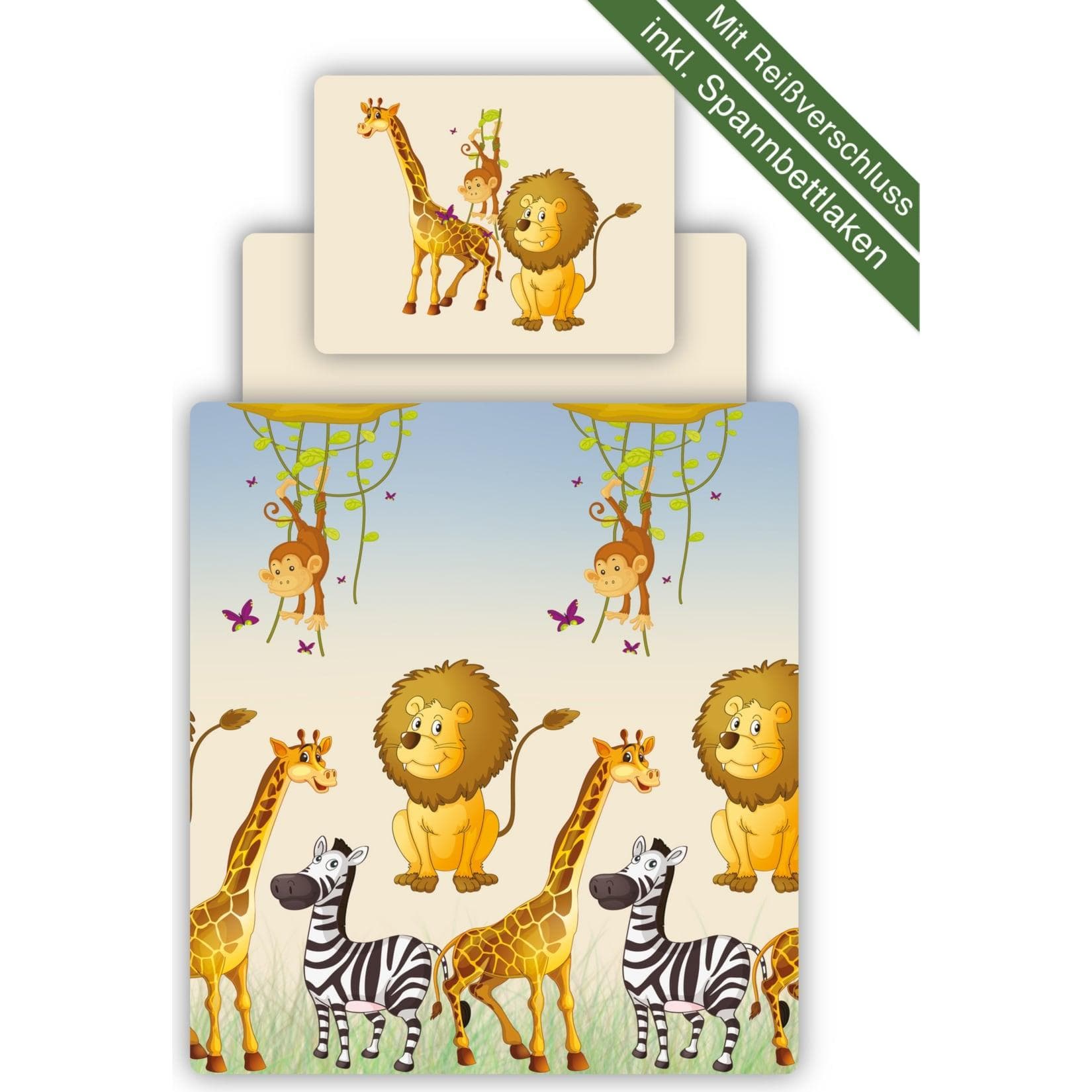 TiCAA Kinder Bettwäsche Set inkl. Spannbettlaken Safari Bunt