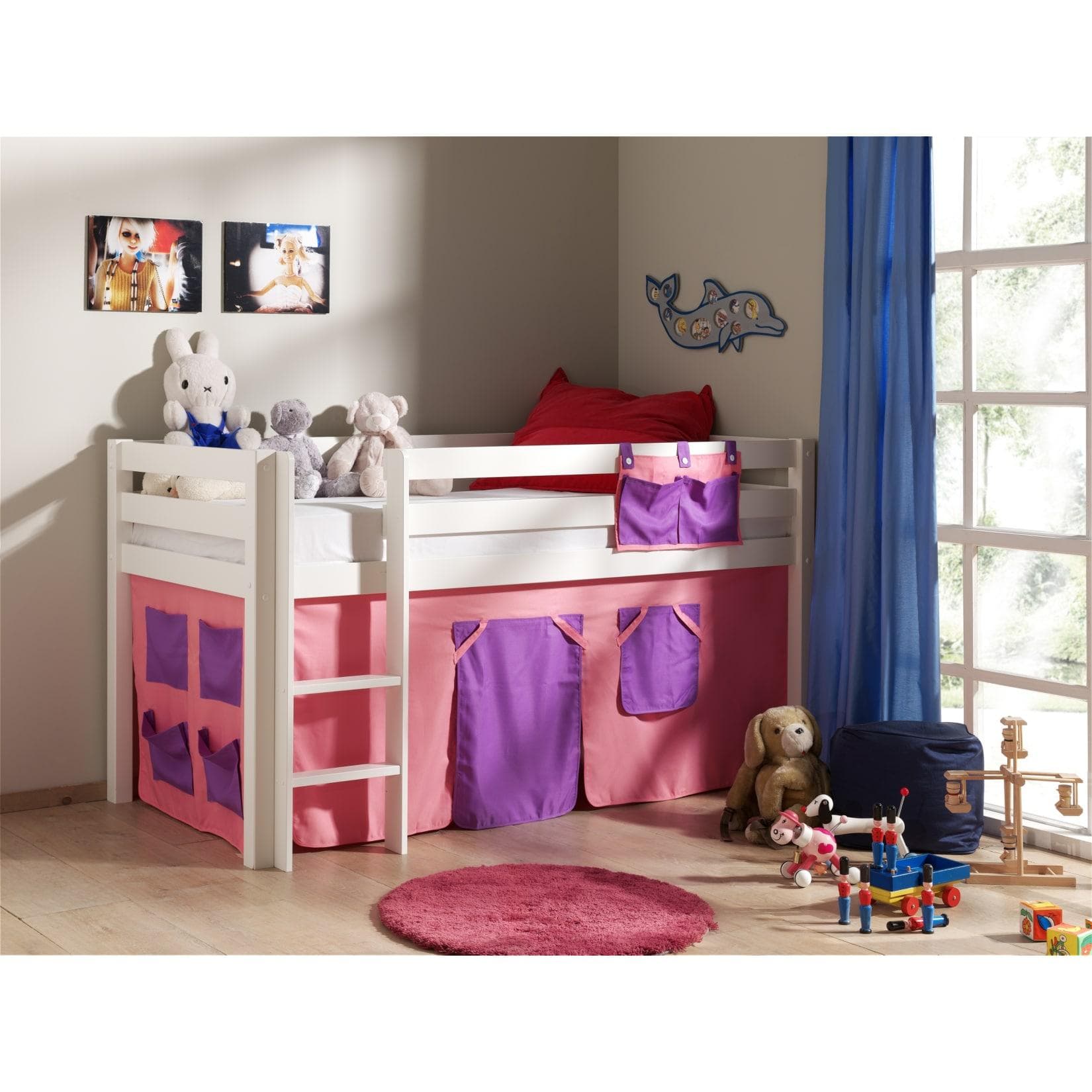 Vipack Spielbett Pino mit Textilset Bella Kiefer massiv weiss lackiert