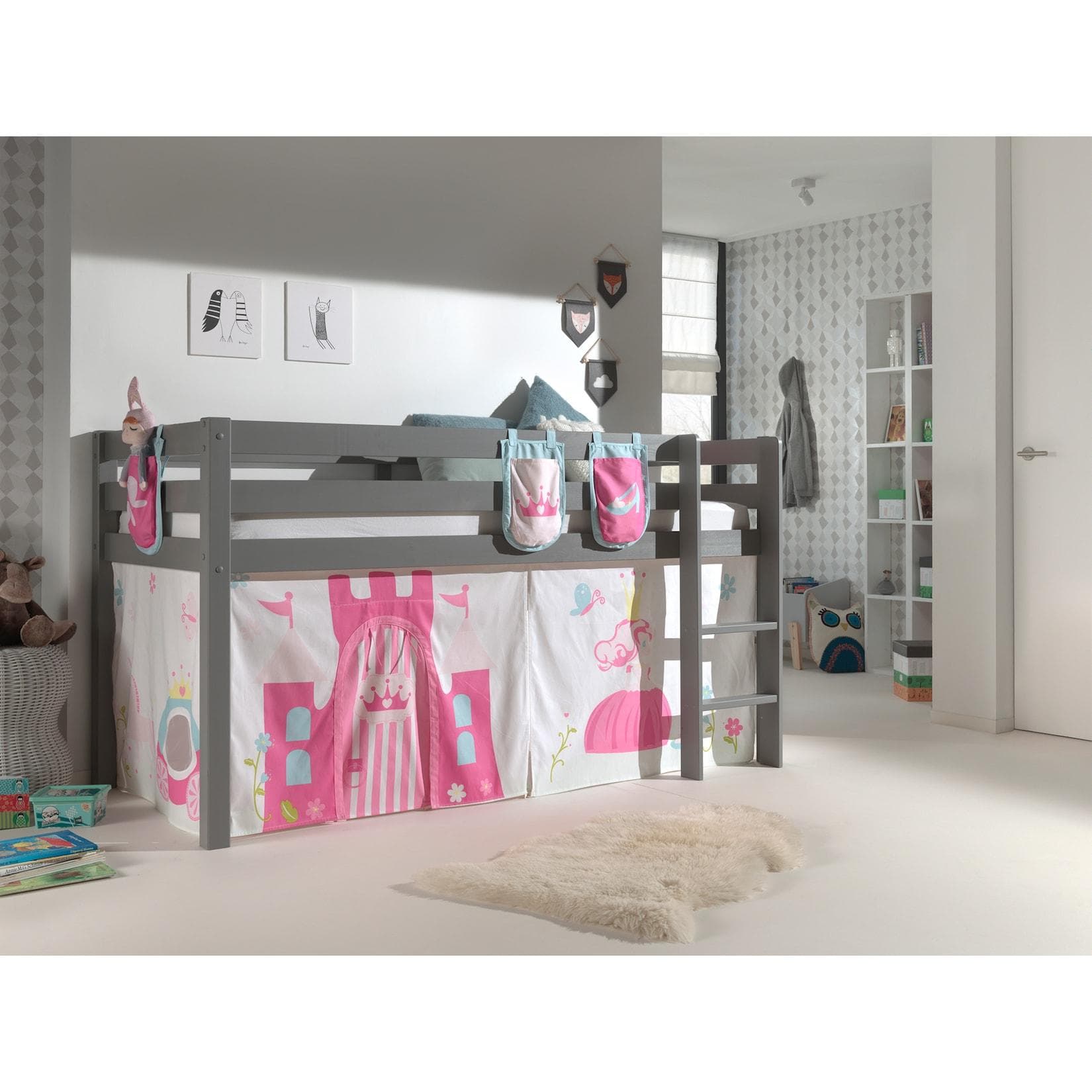 Vipack Spielbett Pino Grau mit Textilset Vorhang und 3 Taschen