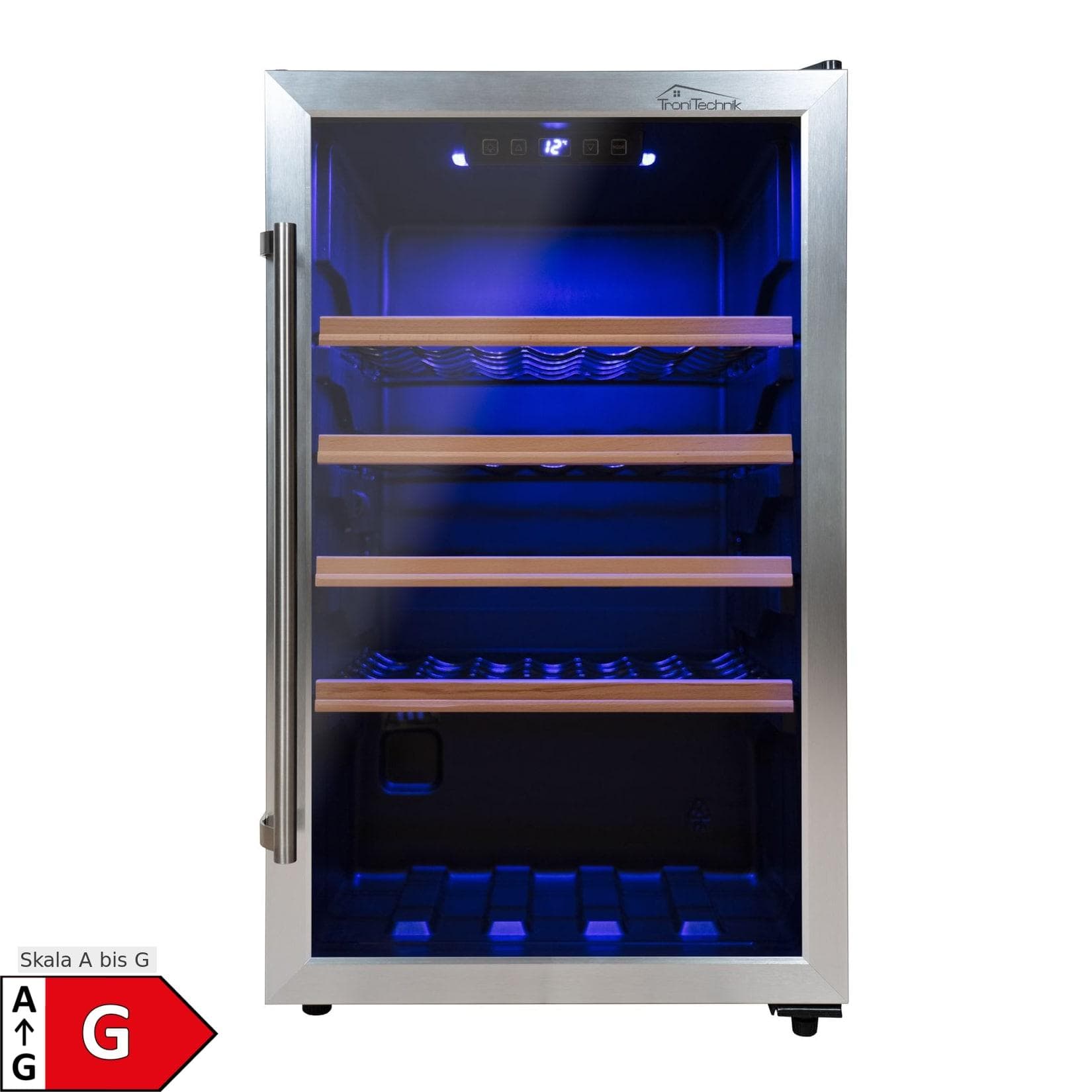 TroniTechnik Weinkühlschrank 126 Liter 63 Flaschen Edelstahl-Optik LED