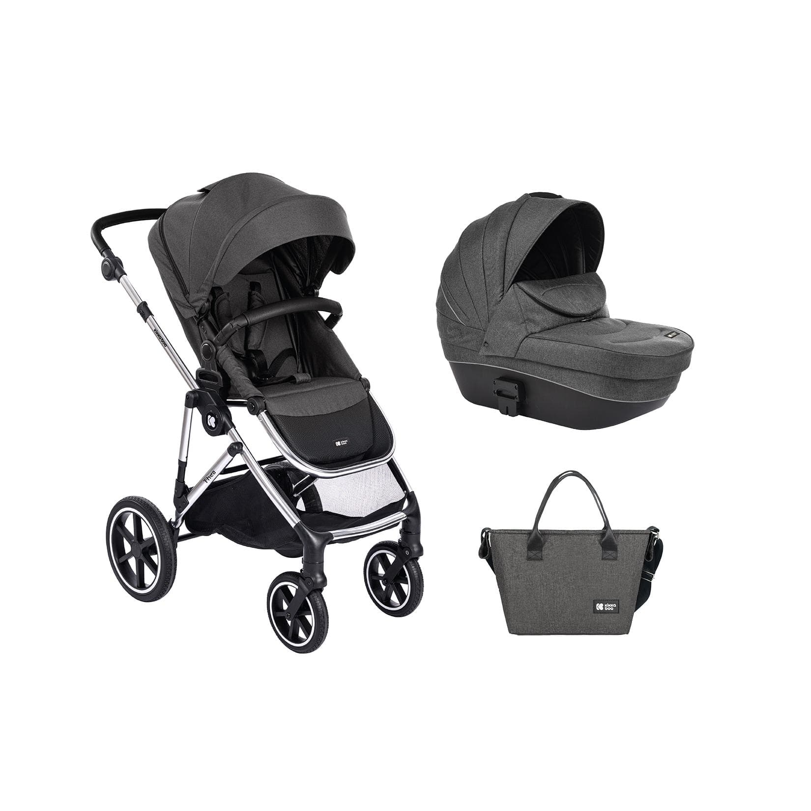 Kikkaboo Kinderwagen Thea 2 in 1 Babywanne, Wickeltasche, Fußabdeckung, Korb Dunkelgrau