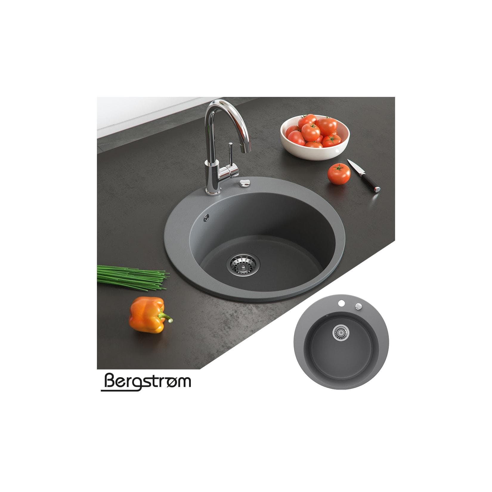 Bergström Granit Spüle Grau Einbauspüle mit Siphon