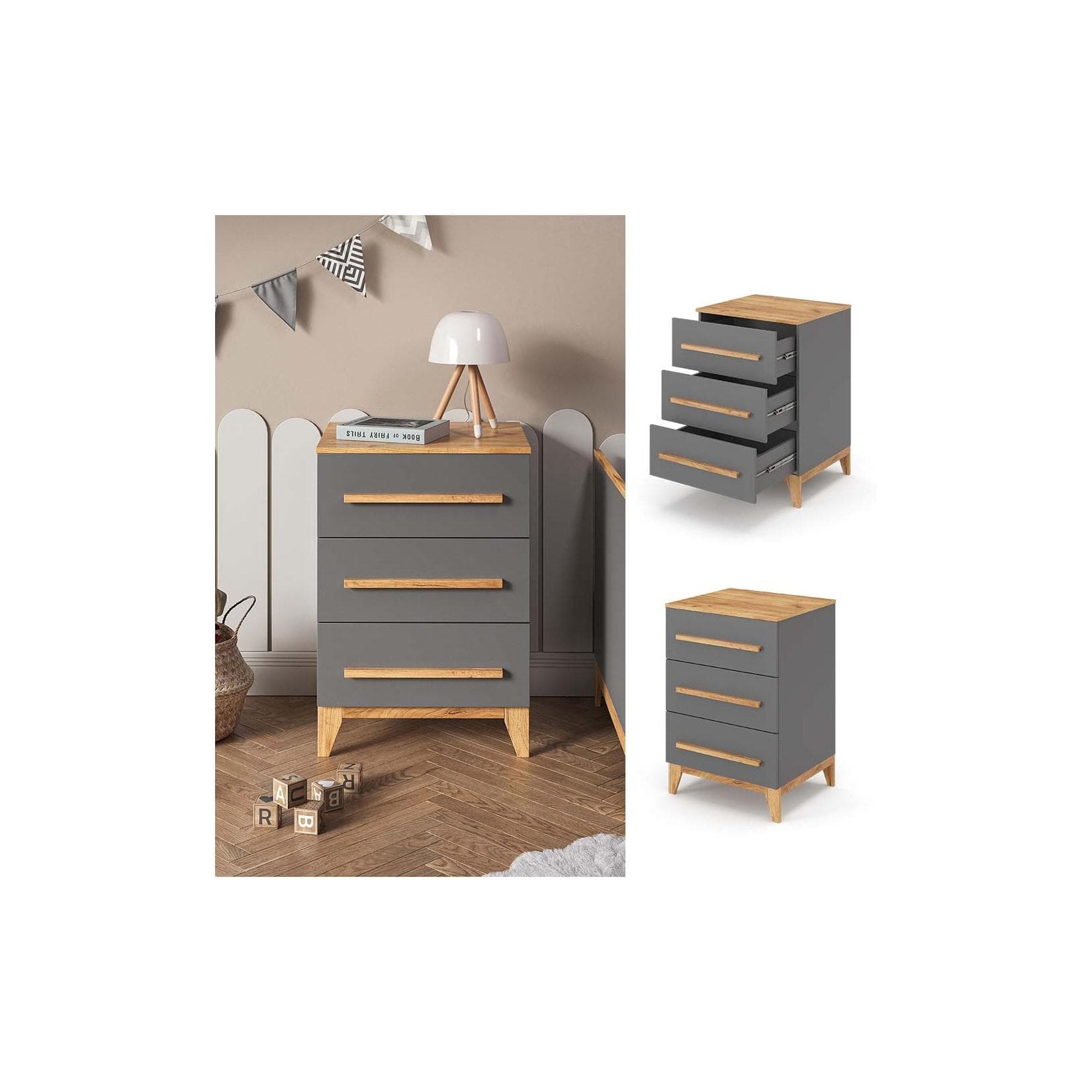 VitaliSpa Kommode Malia Grau mit 3 Schubladen für Kinderzimmer
