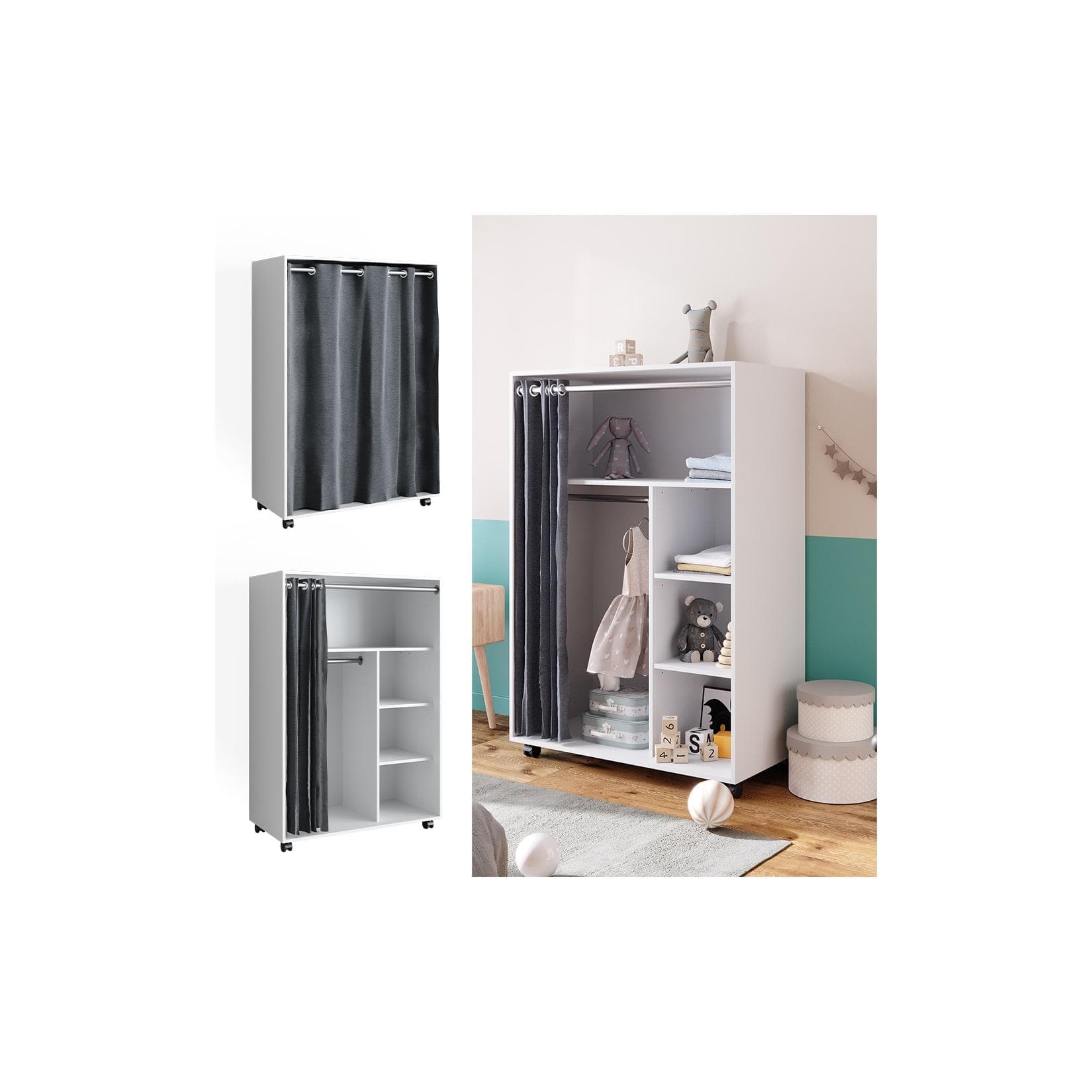 Vicco Kinderkleiderschrank Doros Weiß Modern Rollbar