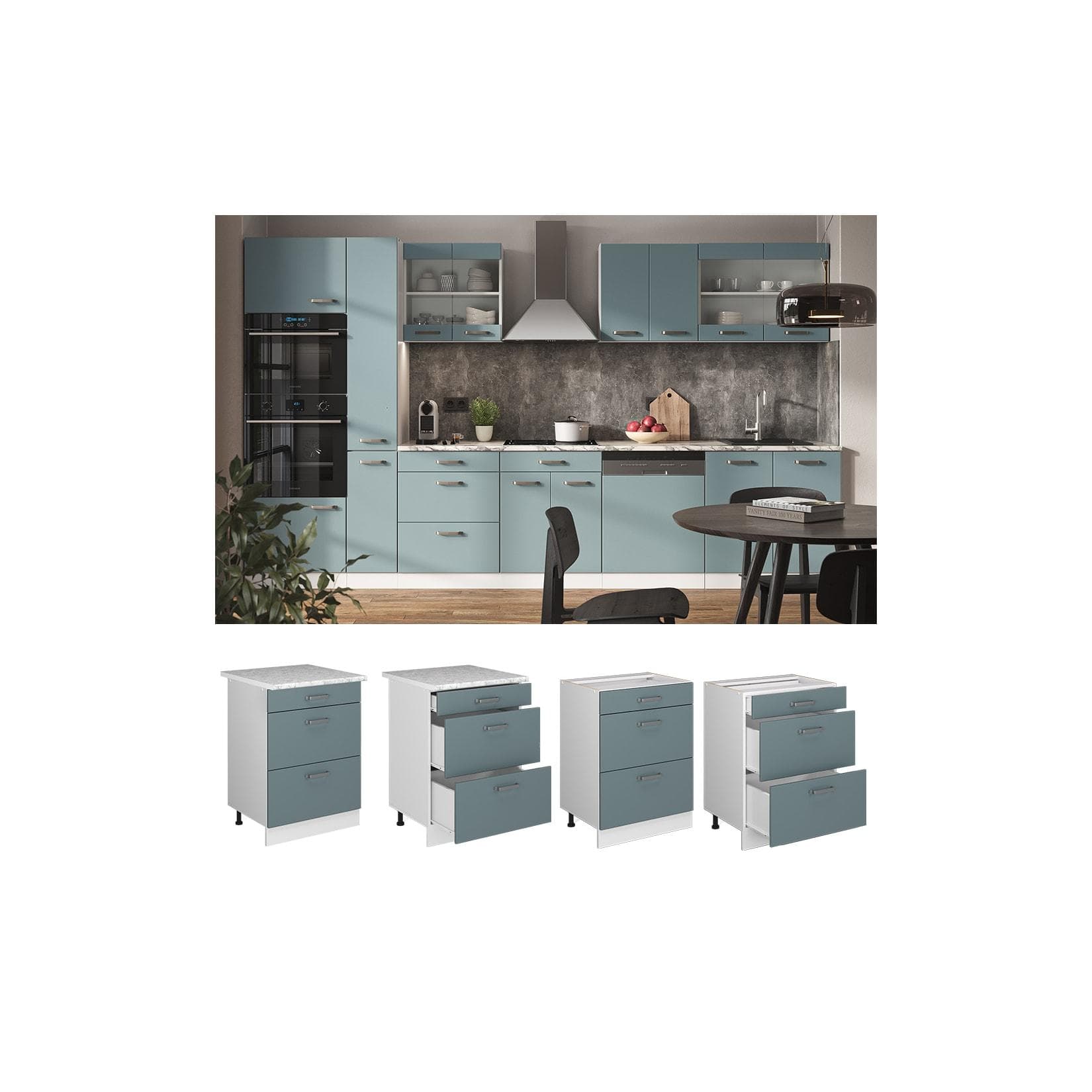 Vicco Schubladenunterschrank Küchenschrank R-Line Weiß Blau Grau 60 cm
