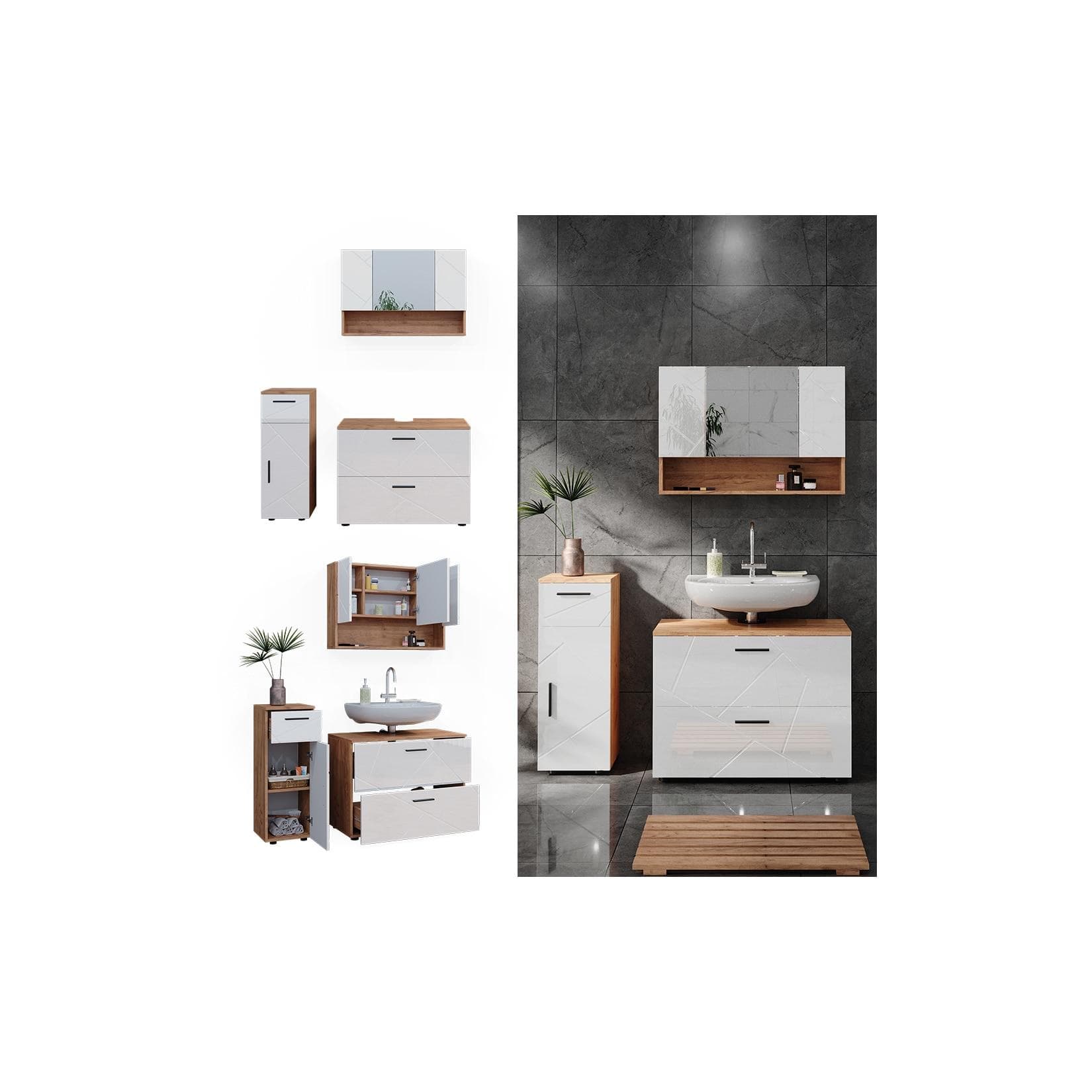 Vicco Badmöbelset Irma Eiche Weiß Hochglanz 80 cm Spiegelschrank Midischrank