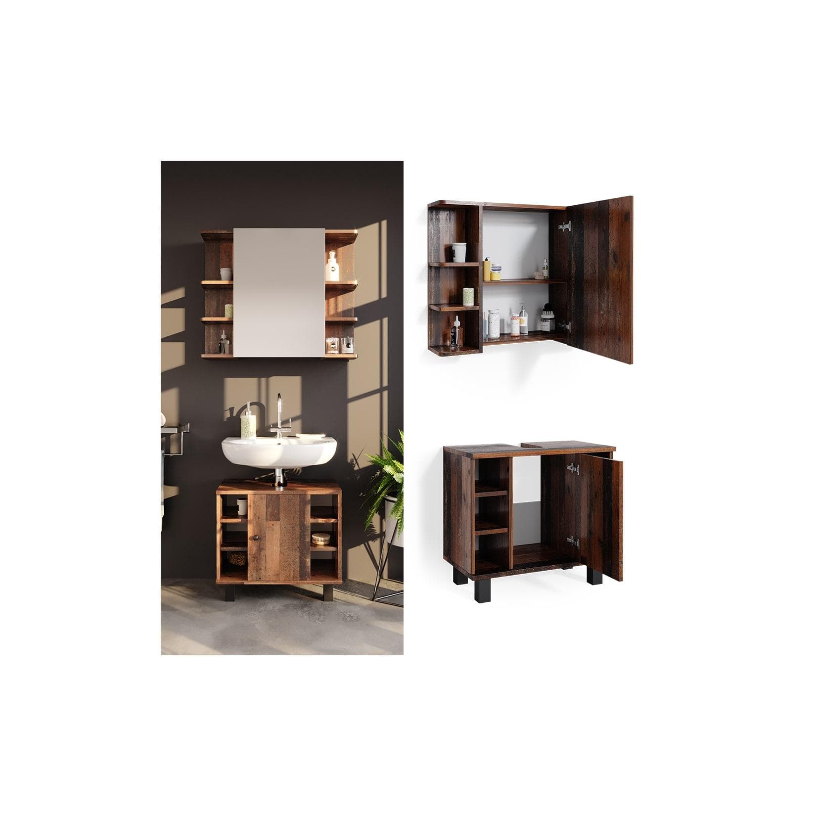 Vicco Badmöbelset Fynn Old Style Waschtischunterschrank Spiegelschrank Weiß