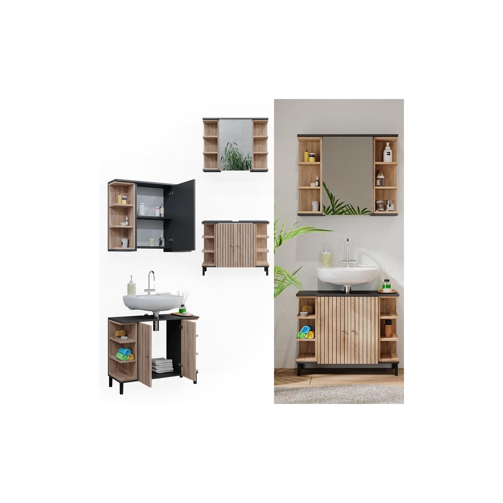 Vicco Badmöbel-Set Aquis Sonoma Anthrazit Waschtischunterschrank Spiegelschrank