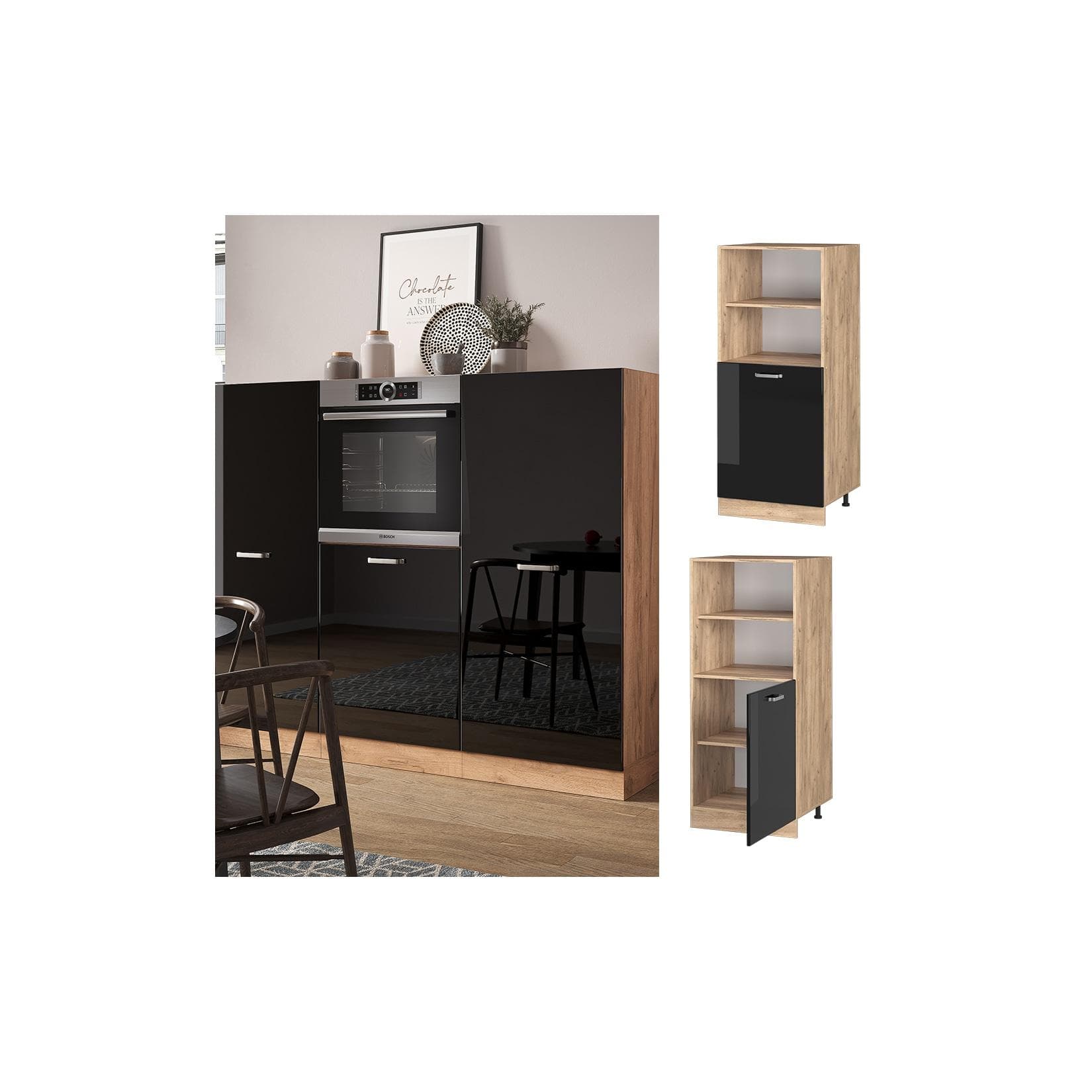 Vicco Vorratsschrank R-Line Solid Eiche Schwarz 60 cm Modern Große Tür