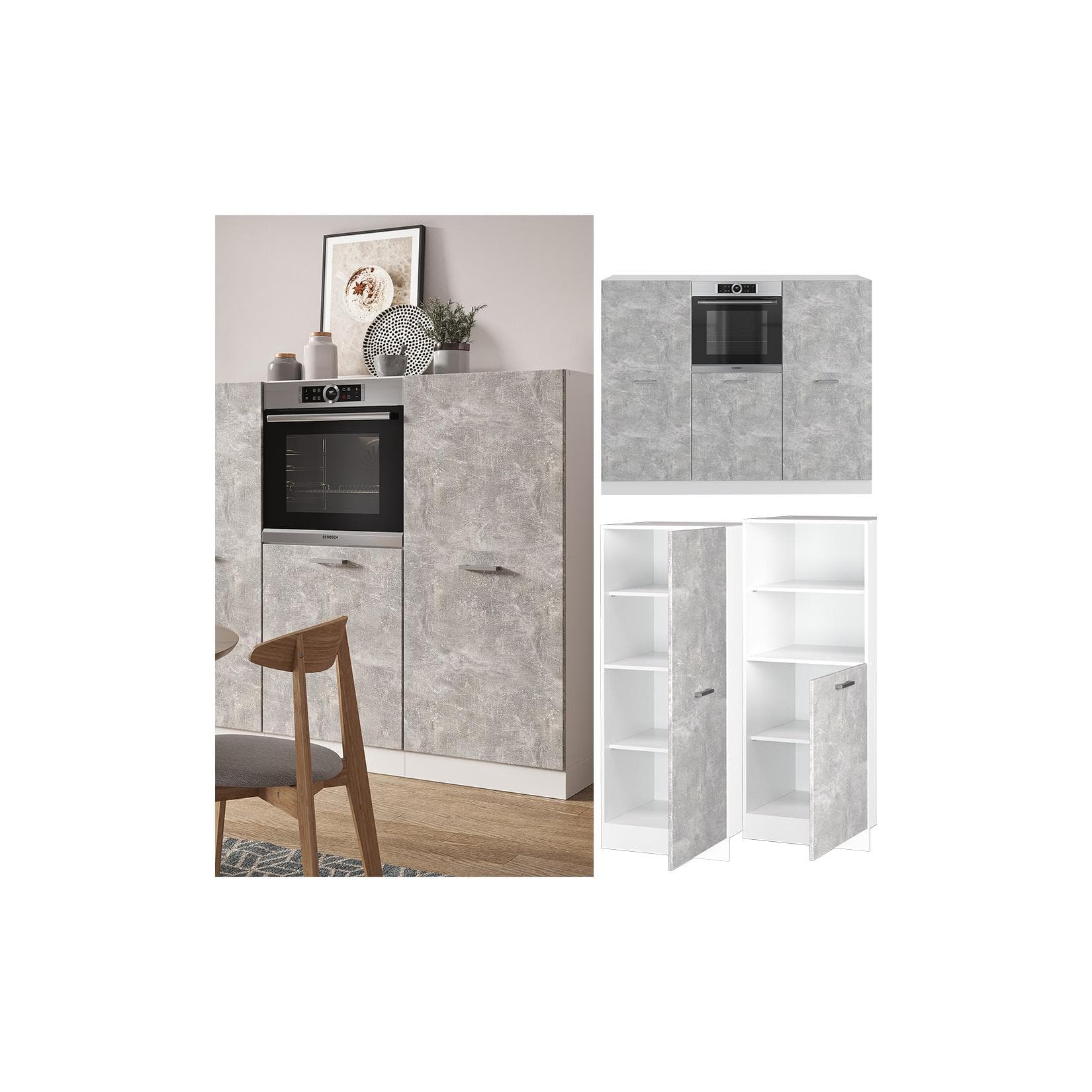 Vicco Küchenzeile R-Line Weiß Beton Einbauküche mit Backofen