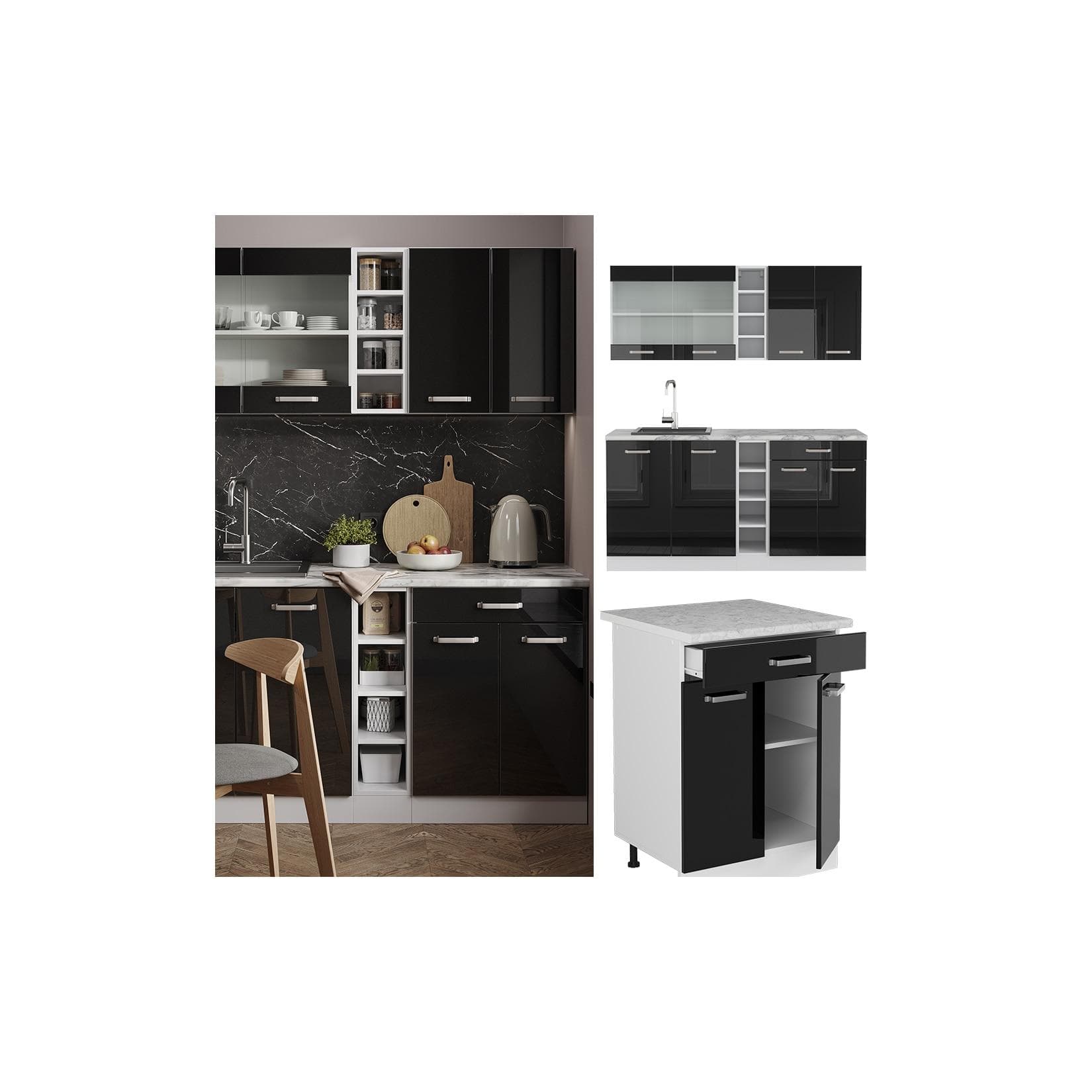 Vicco Küchenzeile R-Line Solid Weiß Schwarz 160 cm modern Küchenschränke