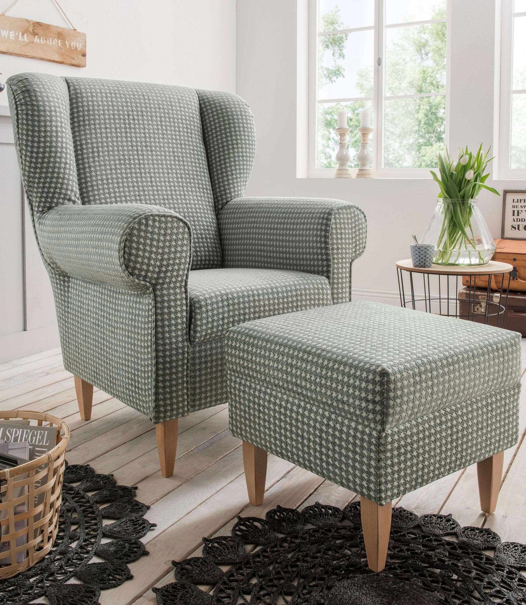 HOME AFFAIRE Sessel Asino Olive Hahnentritt mit Hocker