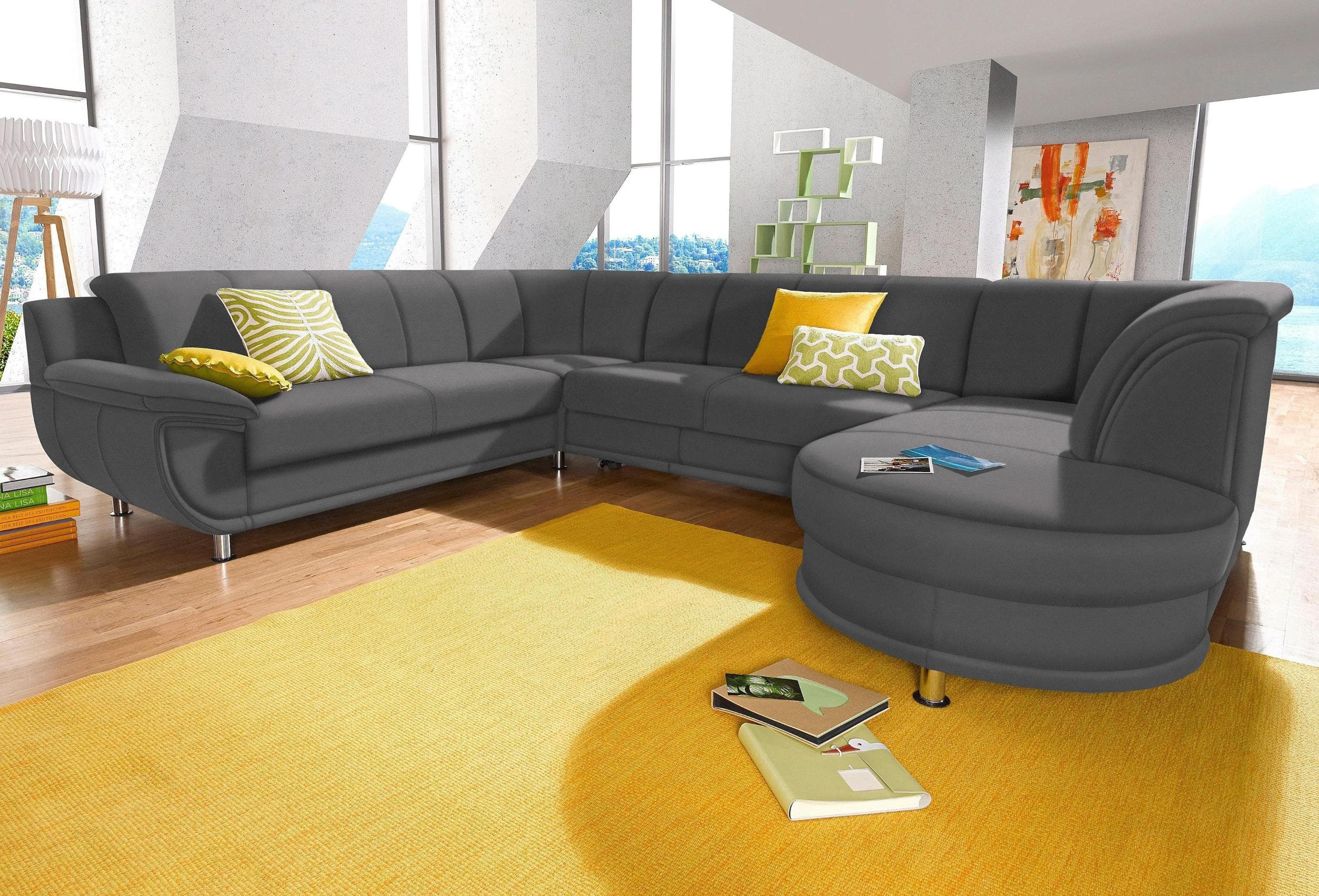Trendmanufaktur Wohnlandschaft Rondo U-Form Anthrazit mit Bettfunktion