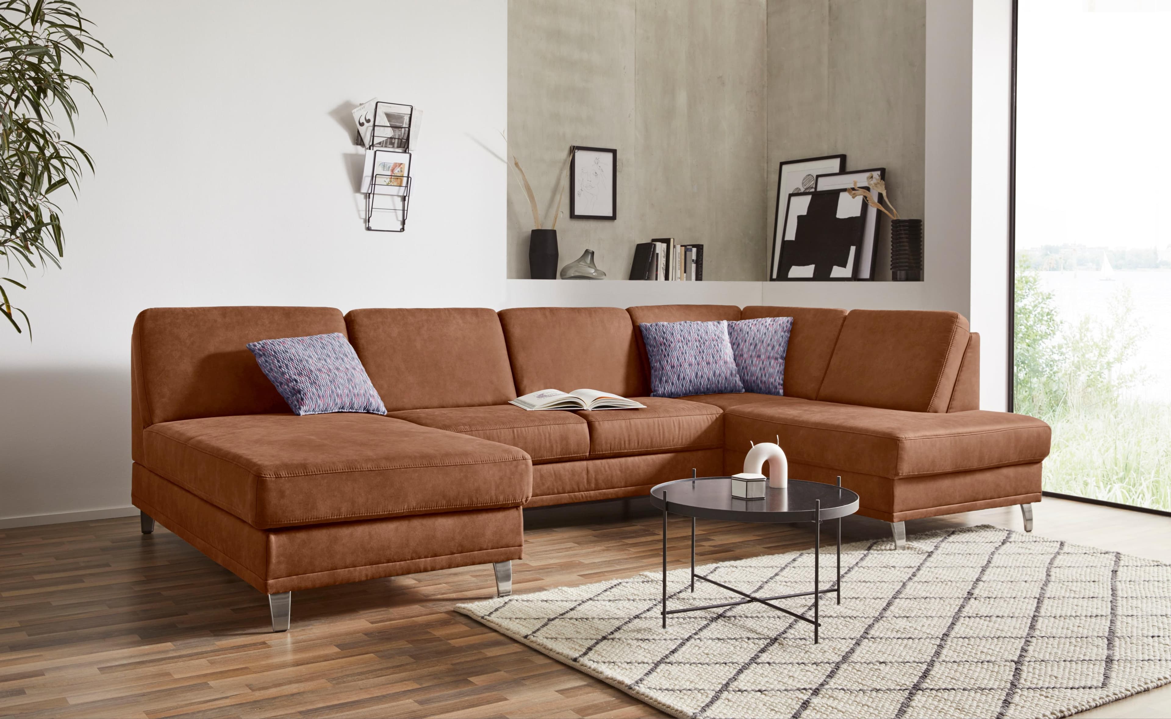 Wohnlandschaft U-Form mit Ottomane, Federkern-Polsterung, Braun/Cognac