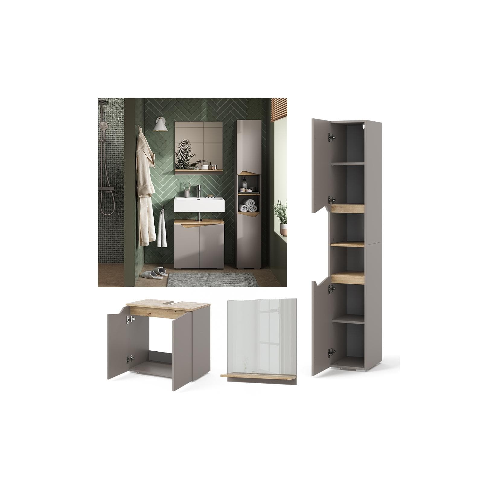 Vicco Badmöbel-Set Marelle Greige Eiche 3-teilig mit Hochschrank