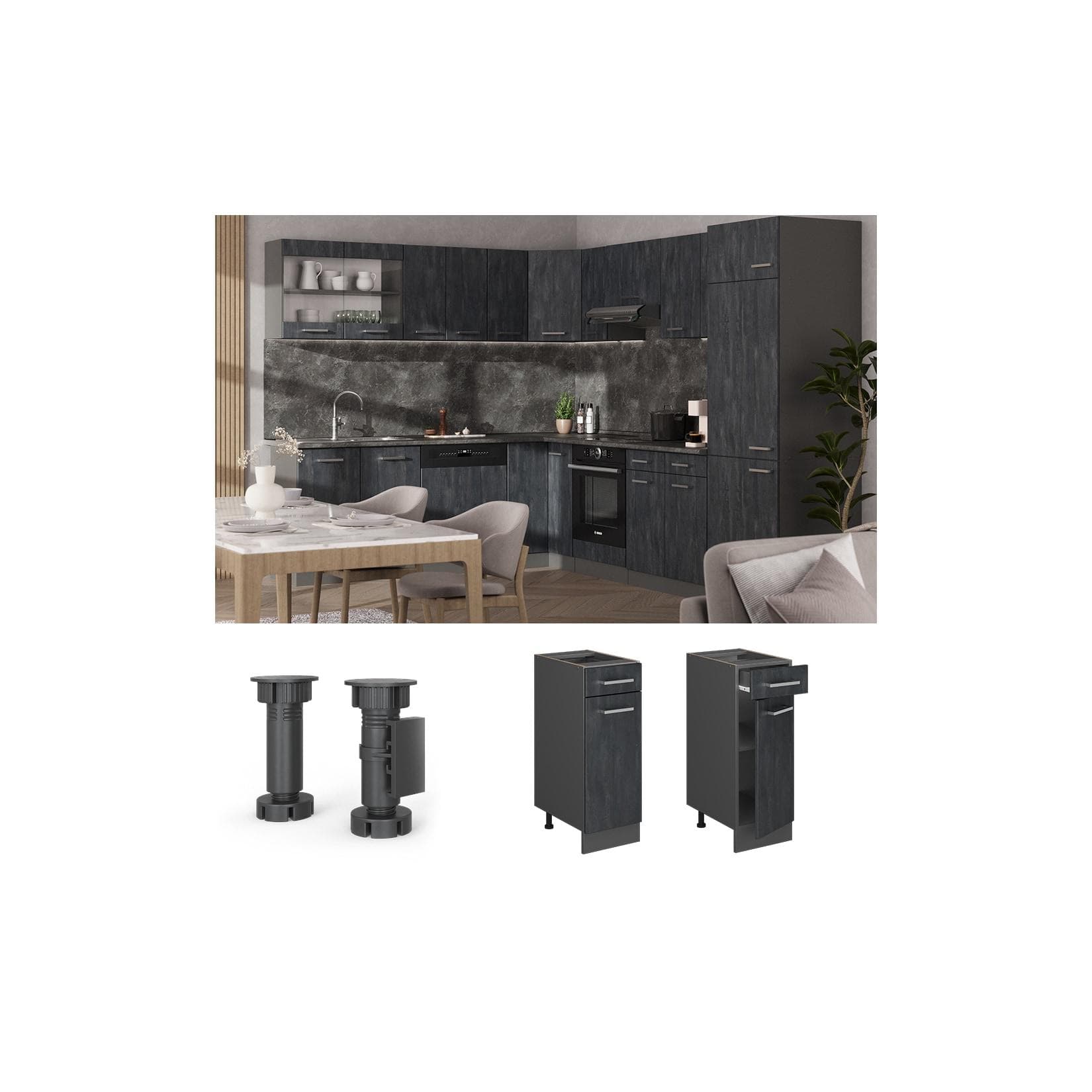 Vicco Schubunterschrank R-Line Schwarz Anthrazit mit Arbeitsplatte