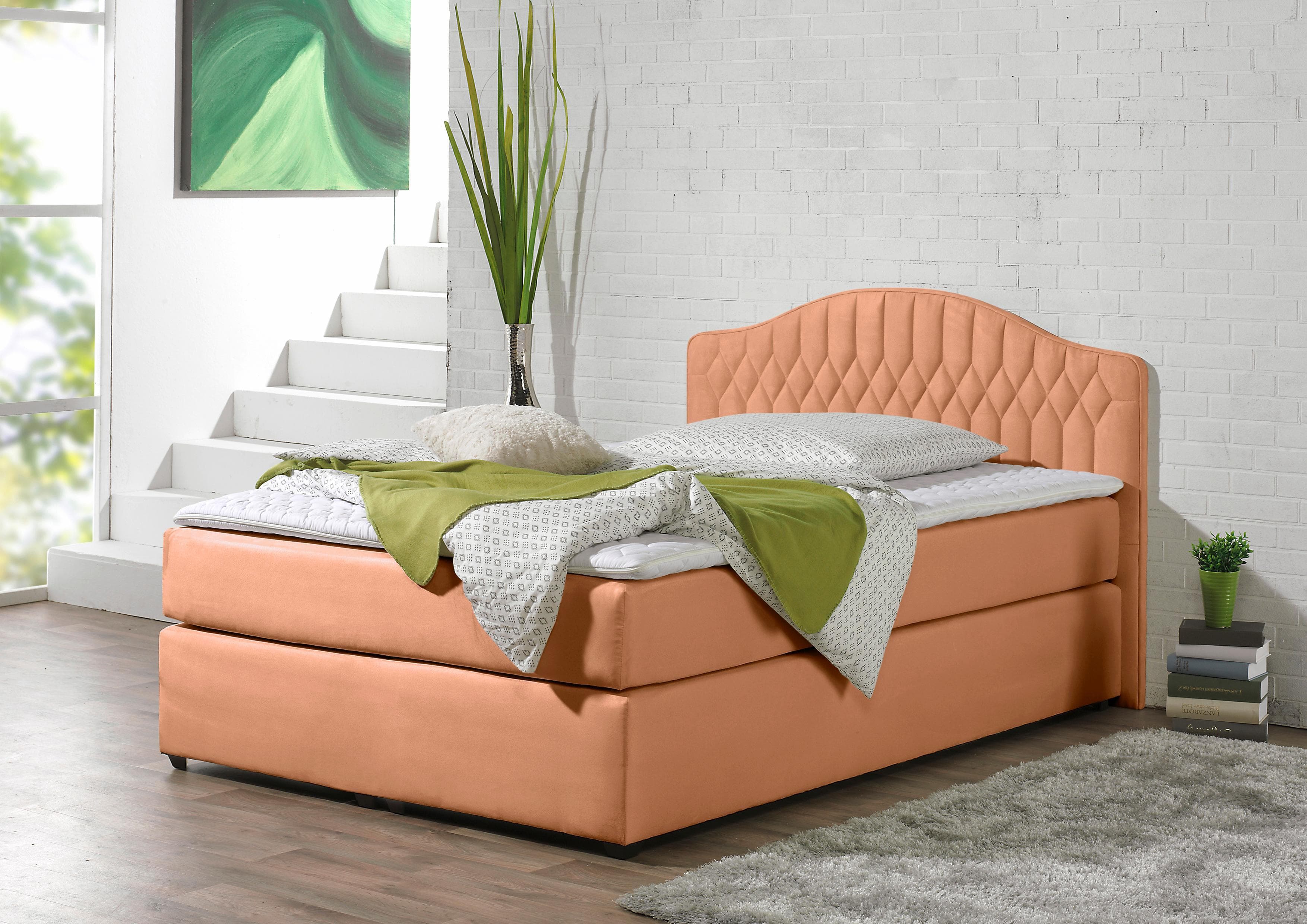 Boxspringbett MAINTAL Orange 5-Zonen-Tonnentaschen-Federkernmatratze H2