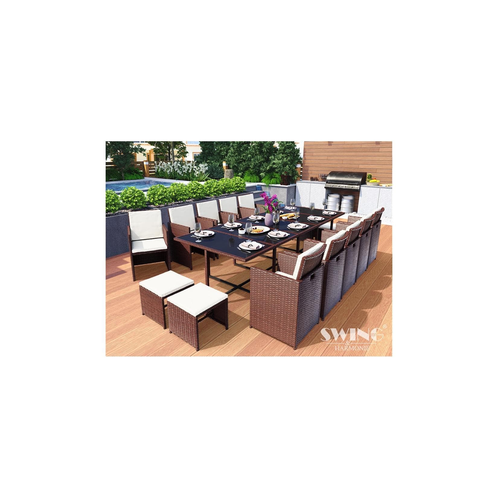 Swing&Harmonie Vegas 15-tlg. Polyrattan Sitzgruppe Braune Gartenmöbel