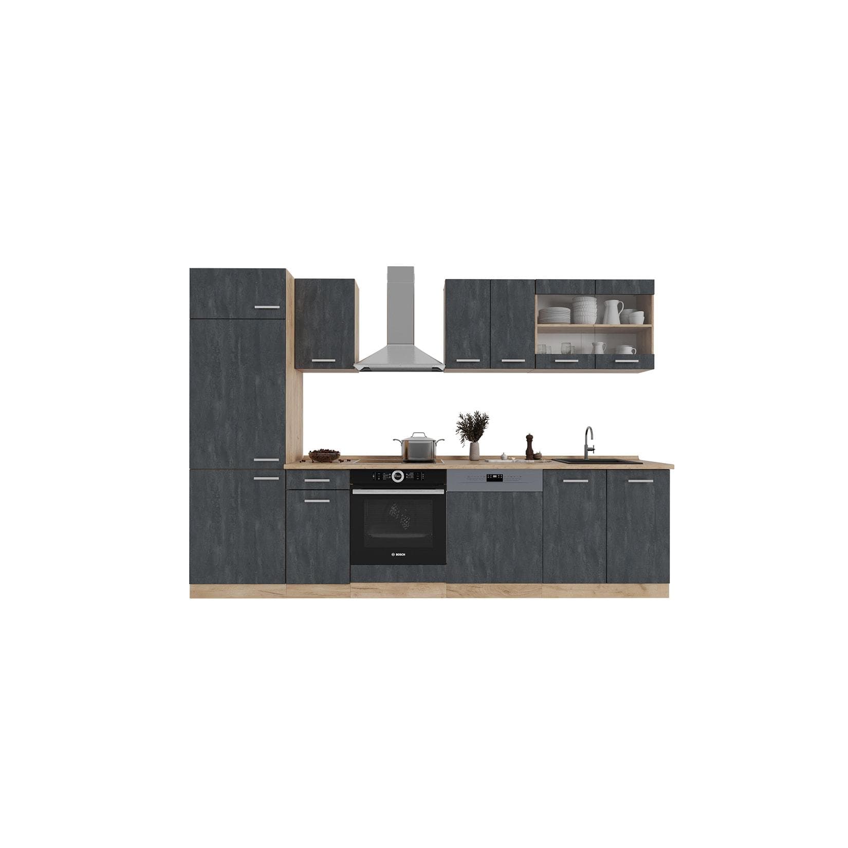 Vicco Küchenzeile R-Line 300 cm Schwarz Beton Eiche Weiß-Marmor Arbeitsplatte