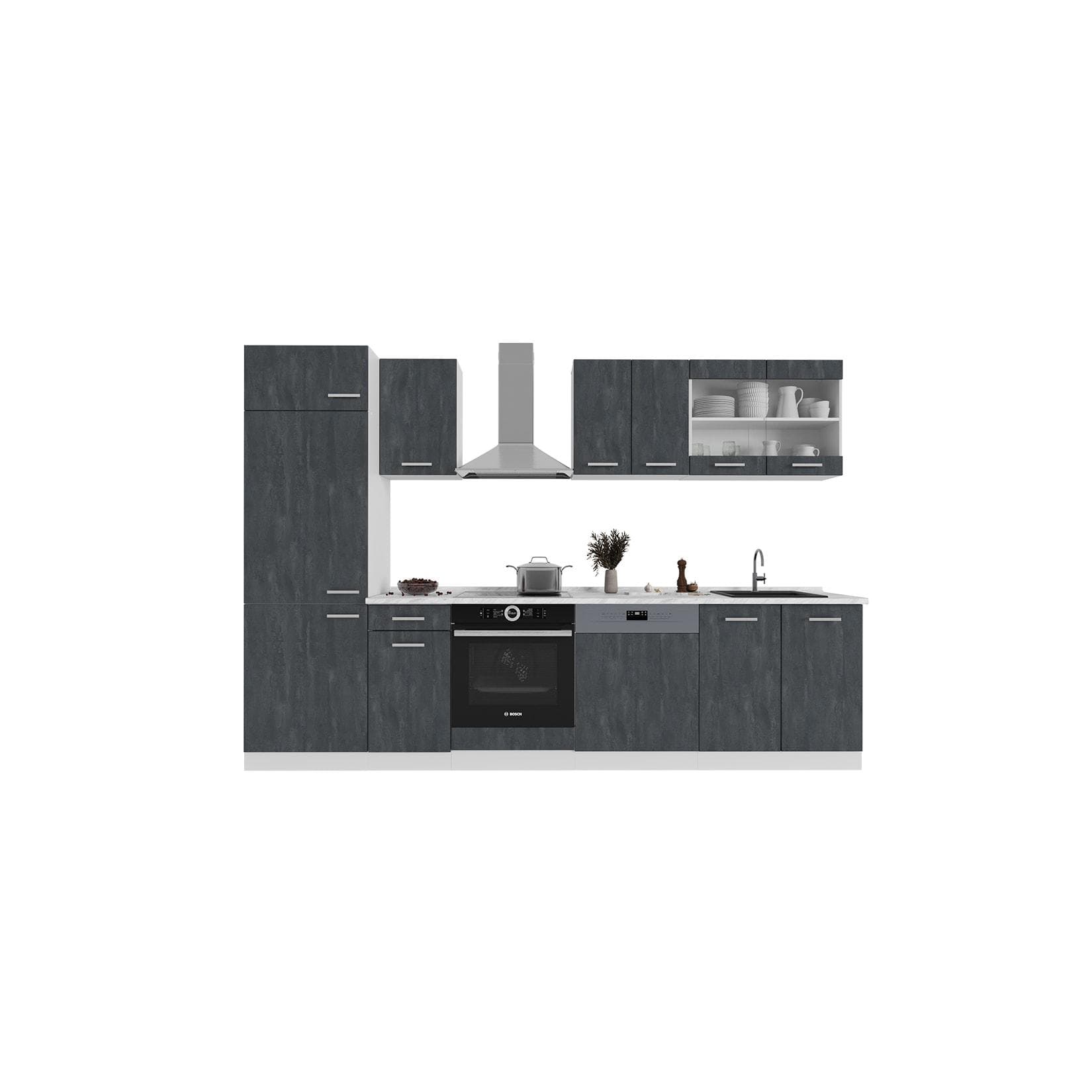 Vicco Küchenzeile R-Line 300 cm Schwarz Beton Weiß Eiche