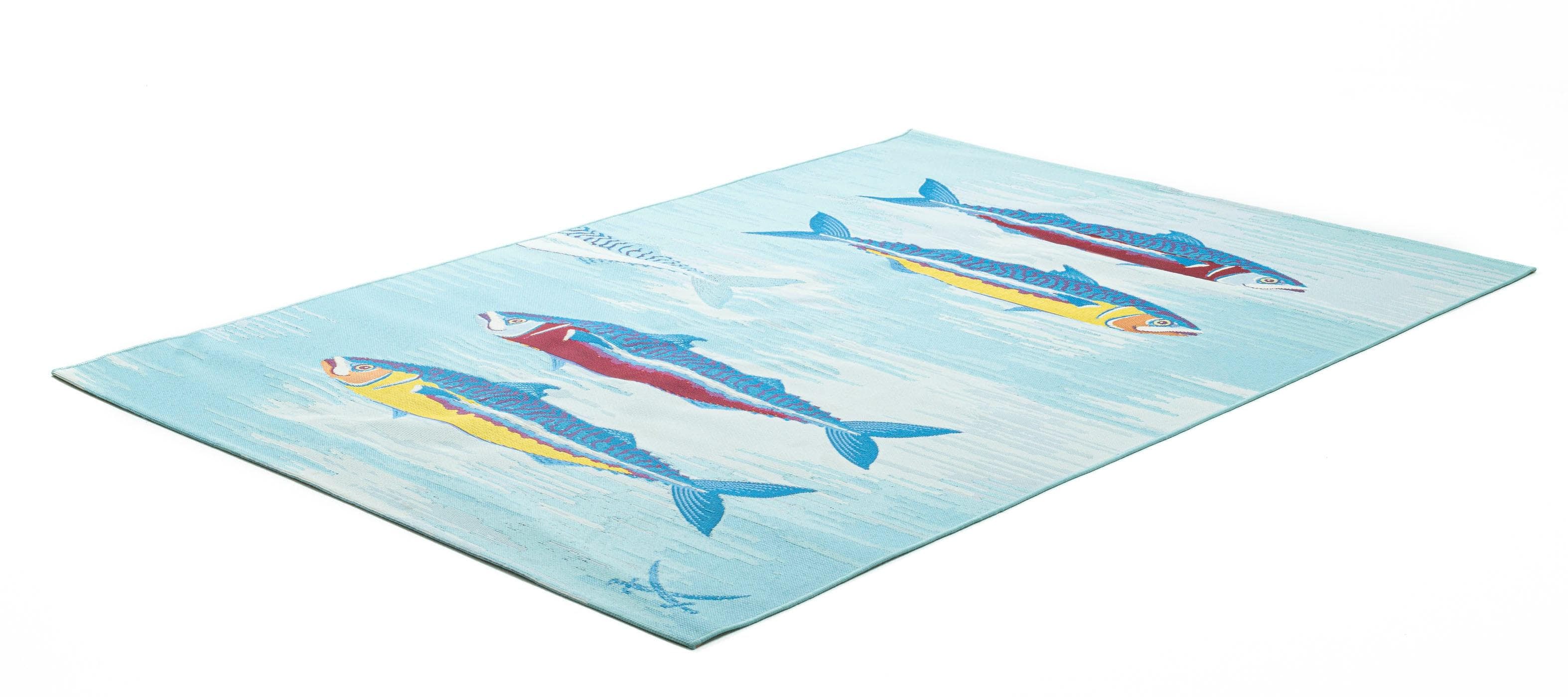 SANSIBAR Rantum Beach Teppich türkis-blau Fischmotiv Outdoor