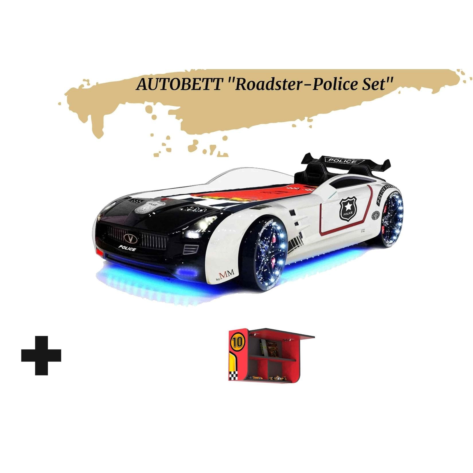 Autobett Kinderbett "Roadster Police" LED Sound Sportsitze Lattenrost Spoiler