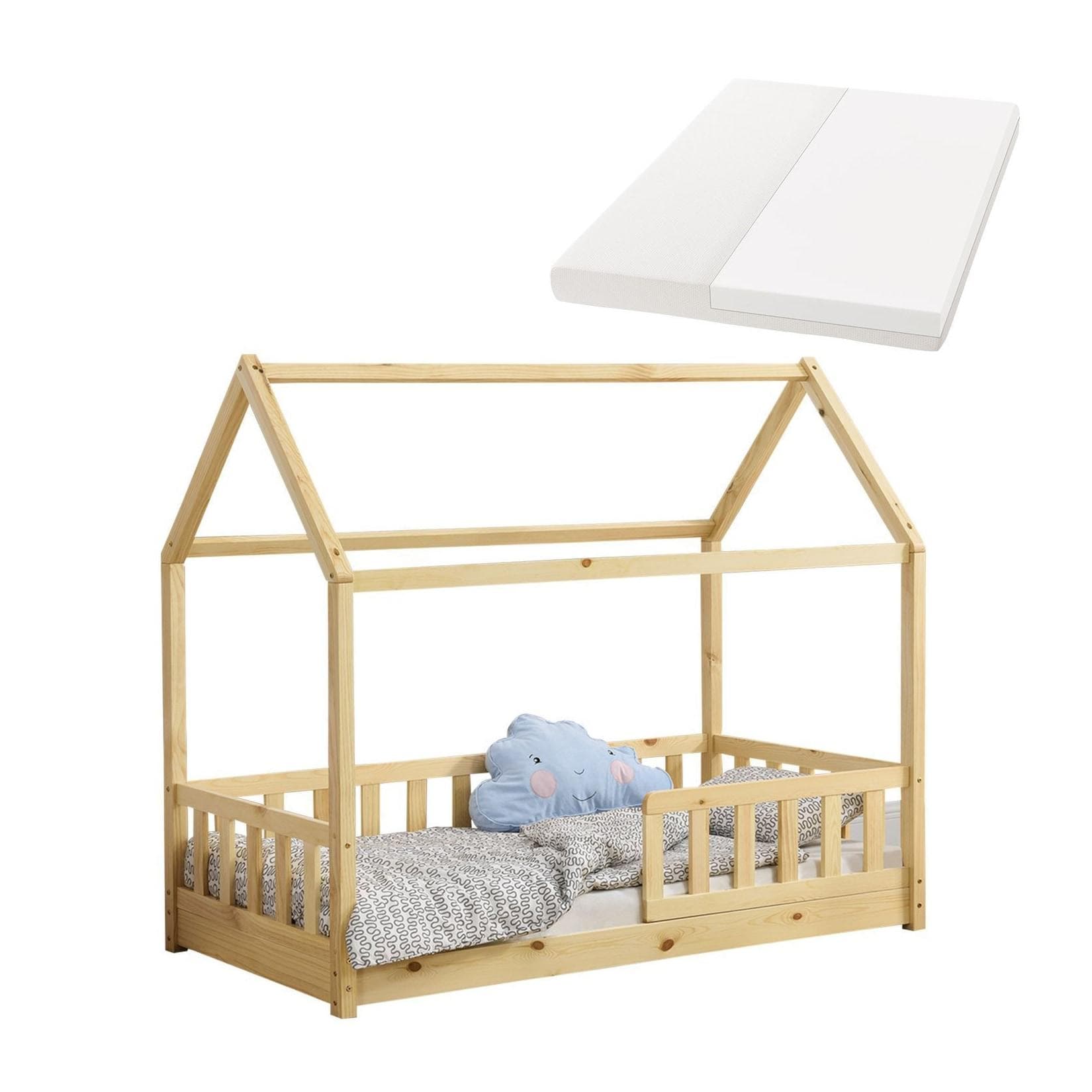 Juskys Kinderbett Marli Hausbett mit Matratze und Dach Natur