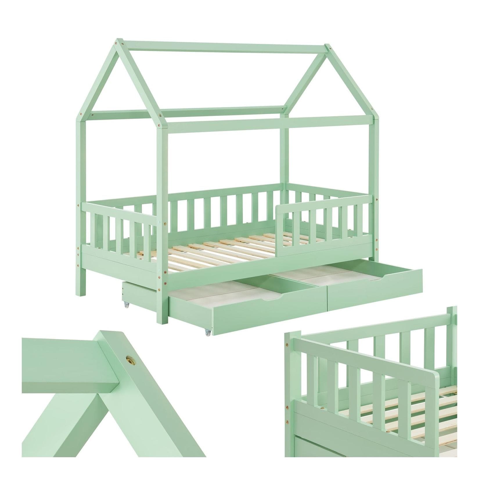 Juskys Kinderbett Marli Hausbett Mint mit Bettkasten & Lattenrost