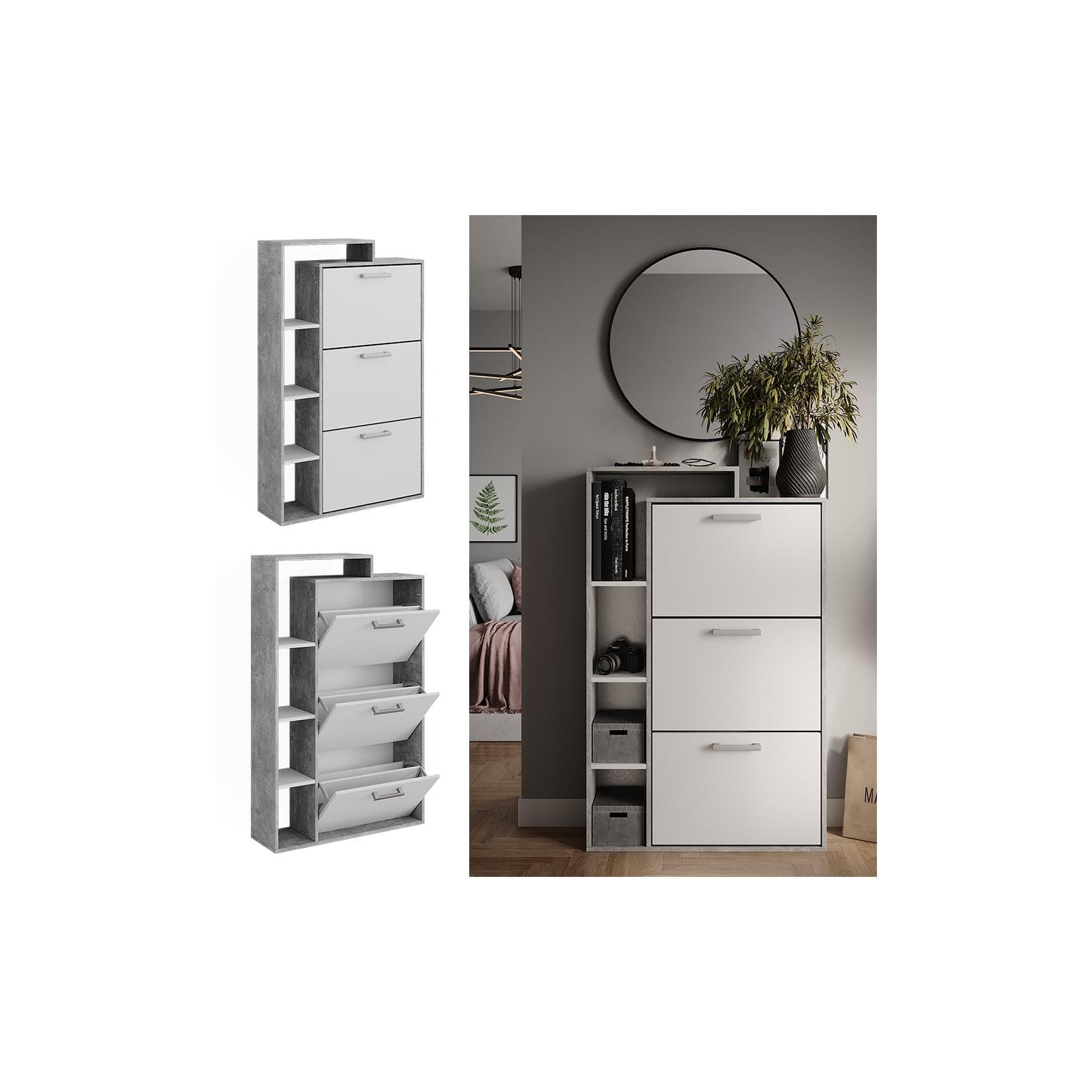 Vicco Schuhkommode Orlando Weiß Beton 3 Fächer