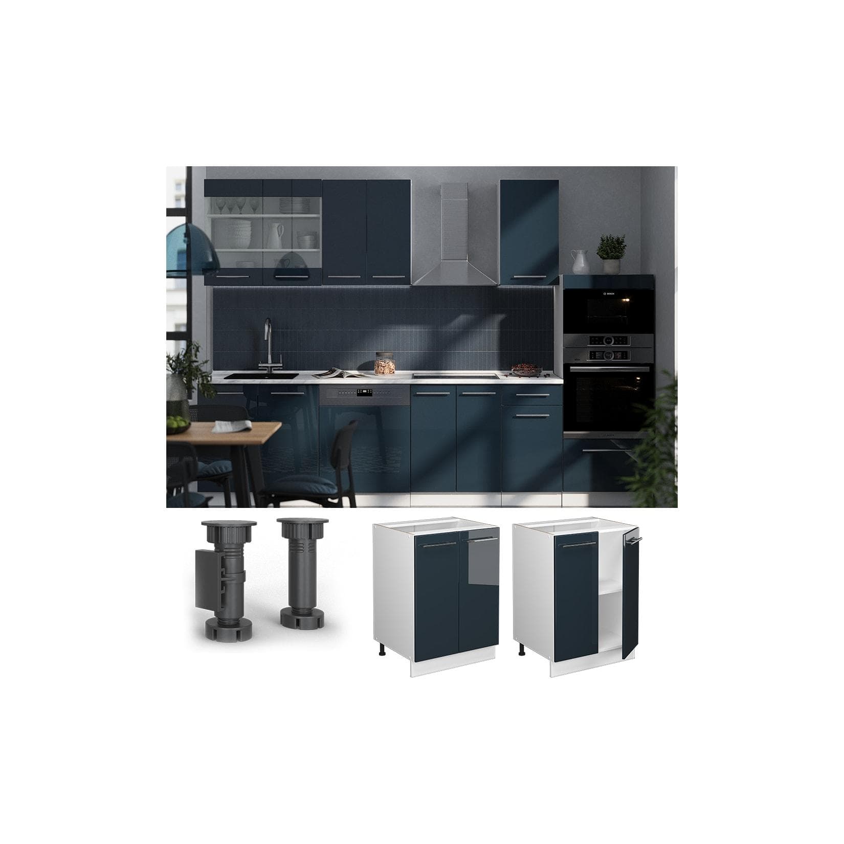 Vicco Unterschrank Fame-Line Weiß Dunkelblau Hochglanz 60 cm mit Arbeitsplatte