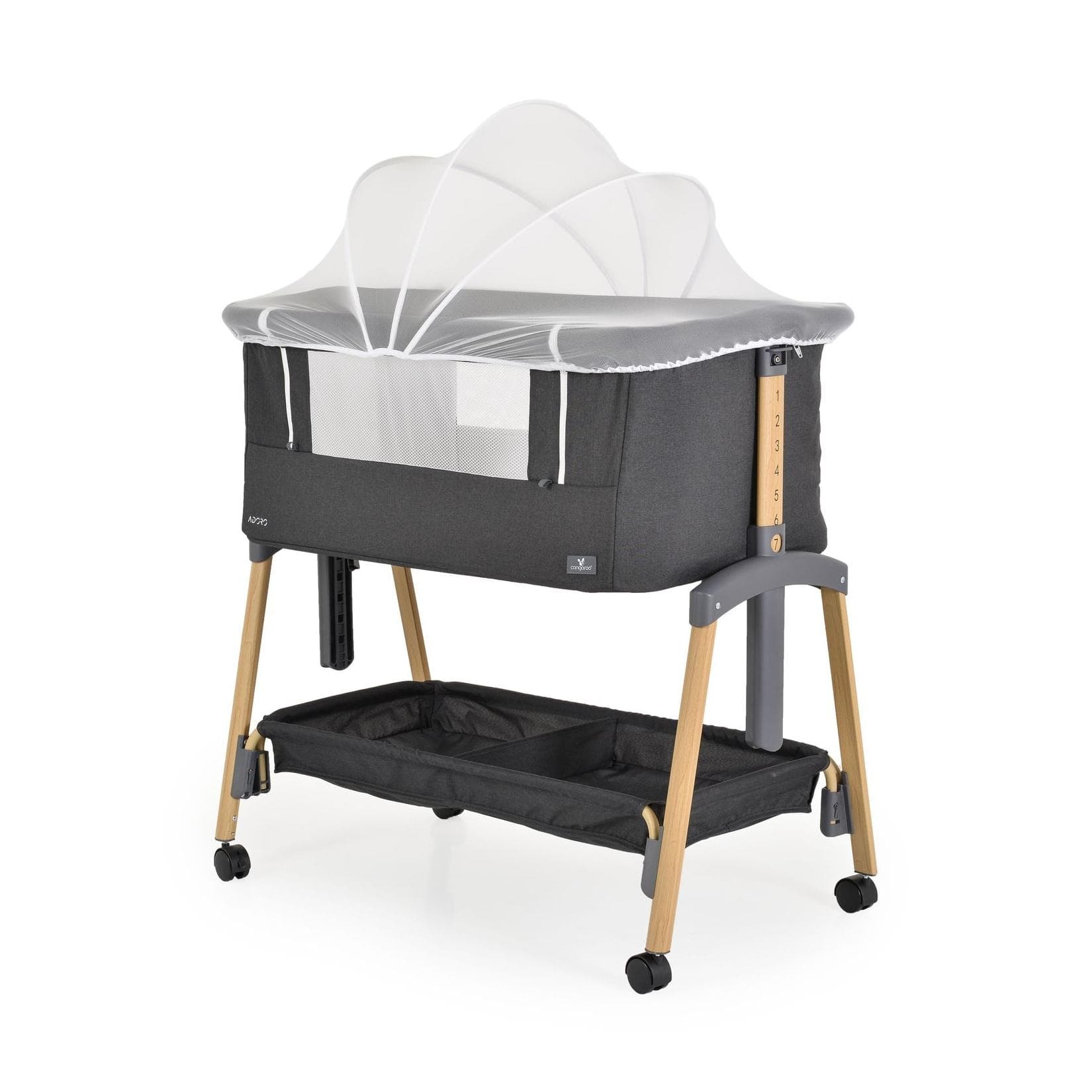 Cangaroo Babybett Adoro Beistellbett Verstellbar Mit Moskitonetz Räder Schwarz