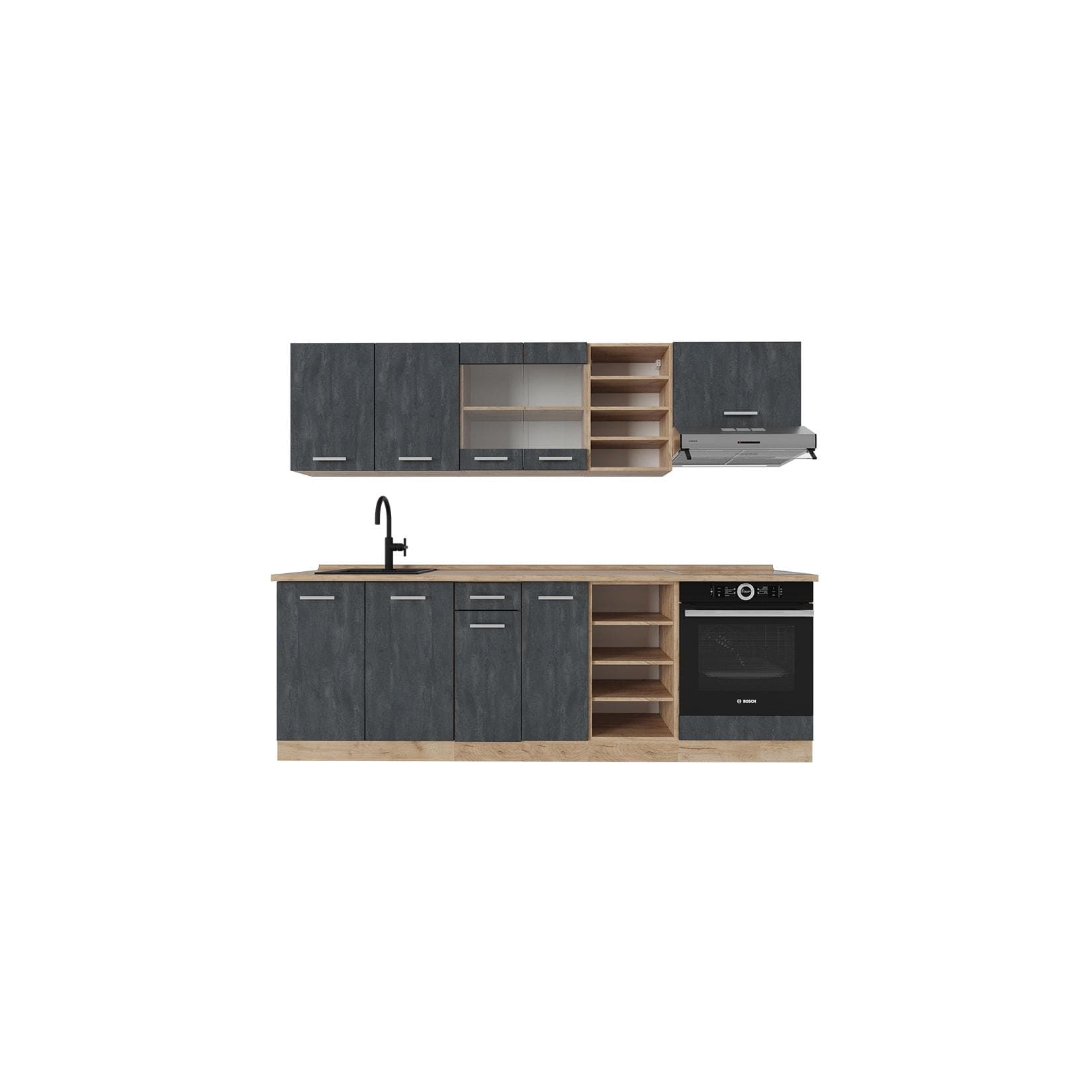 Vicco Küchenzeile R-Line 240 cm Schwarz Beton Eiche Weiß-Marmor
