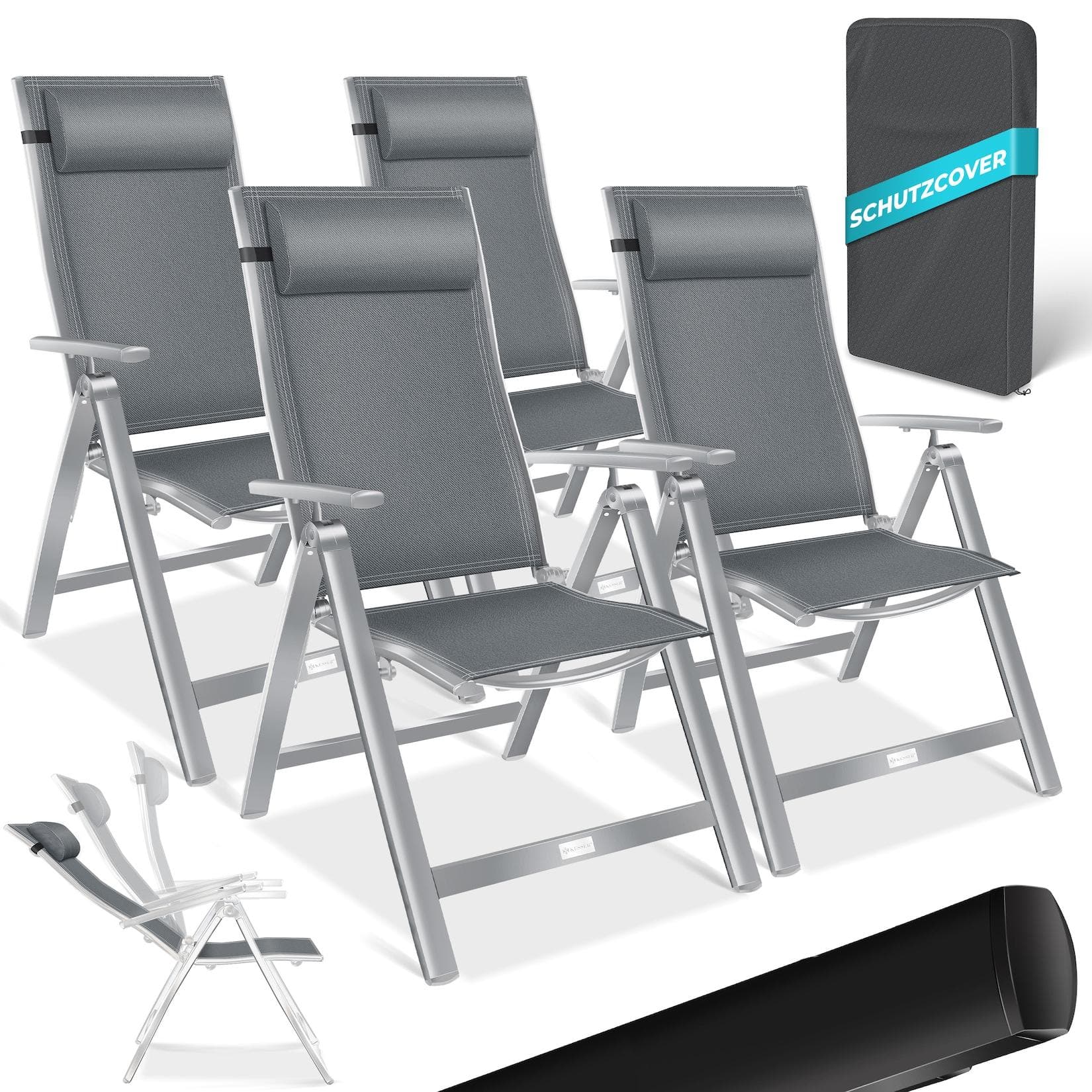 KESSER Gartenstuhl Hochlehner Aluminium Klappstuhl Grau mit Kopfkissen