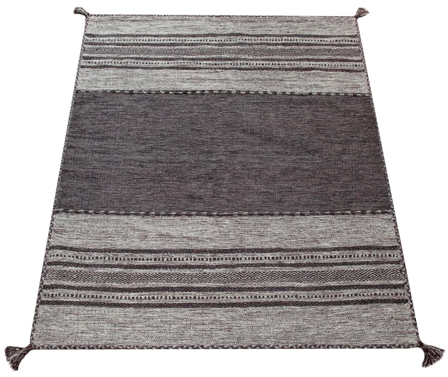 Paco Home Teppich Kilim 217 Grau Handgewebt Wendeteppich