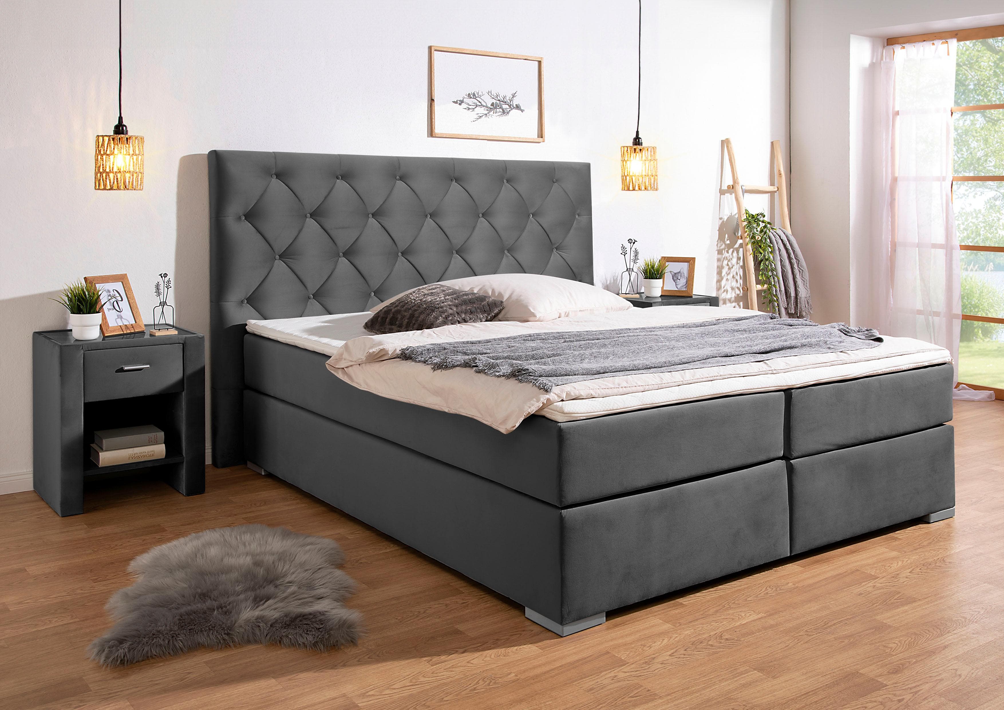 Home Affaire Boxspringbett Chalon Anthrazit mit Topper und H4 Matratze