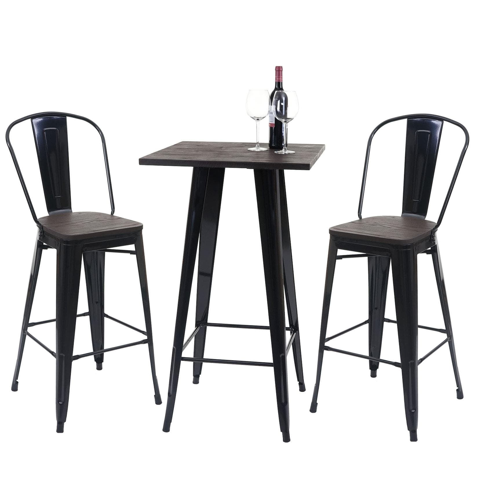 MCW Stehtisch + 2x Barhocker Set Schwarz Metall Holz