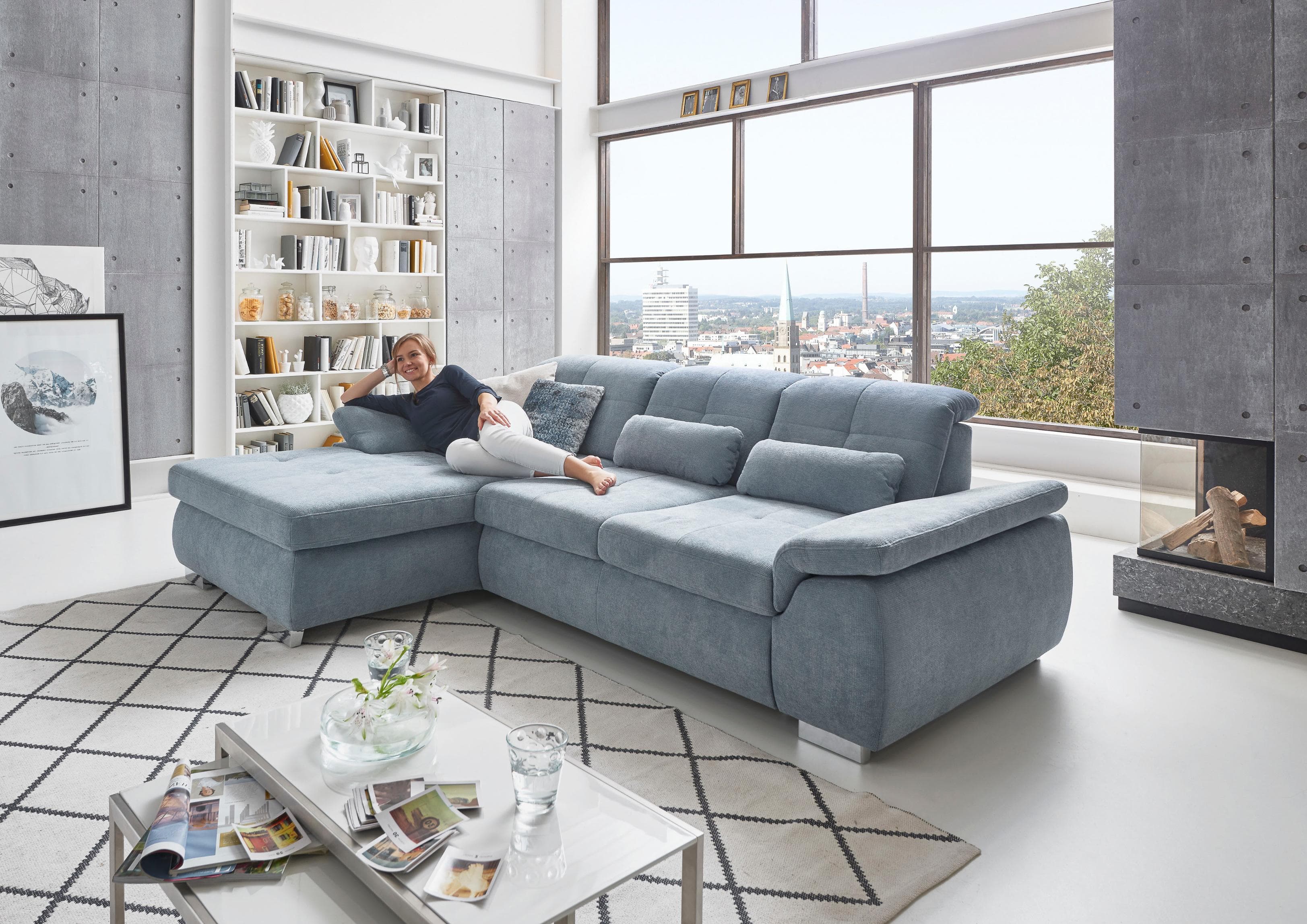 Ecksofa DIE PLANBAR L-Form mit Bettfunktion und Bettkasten Ice-Blau